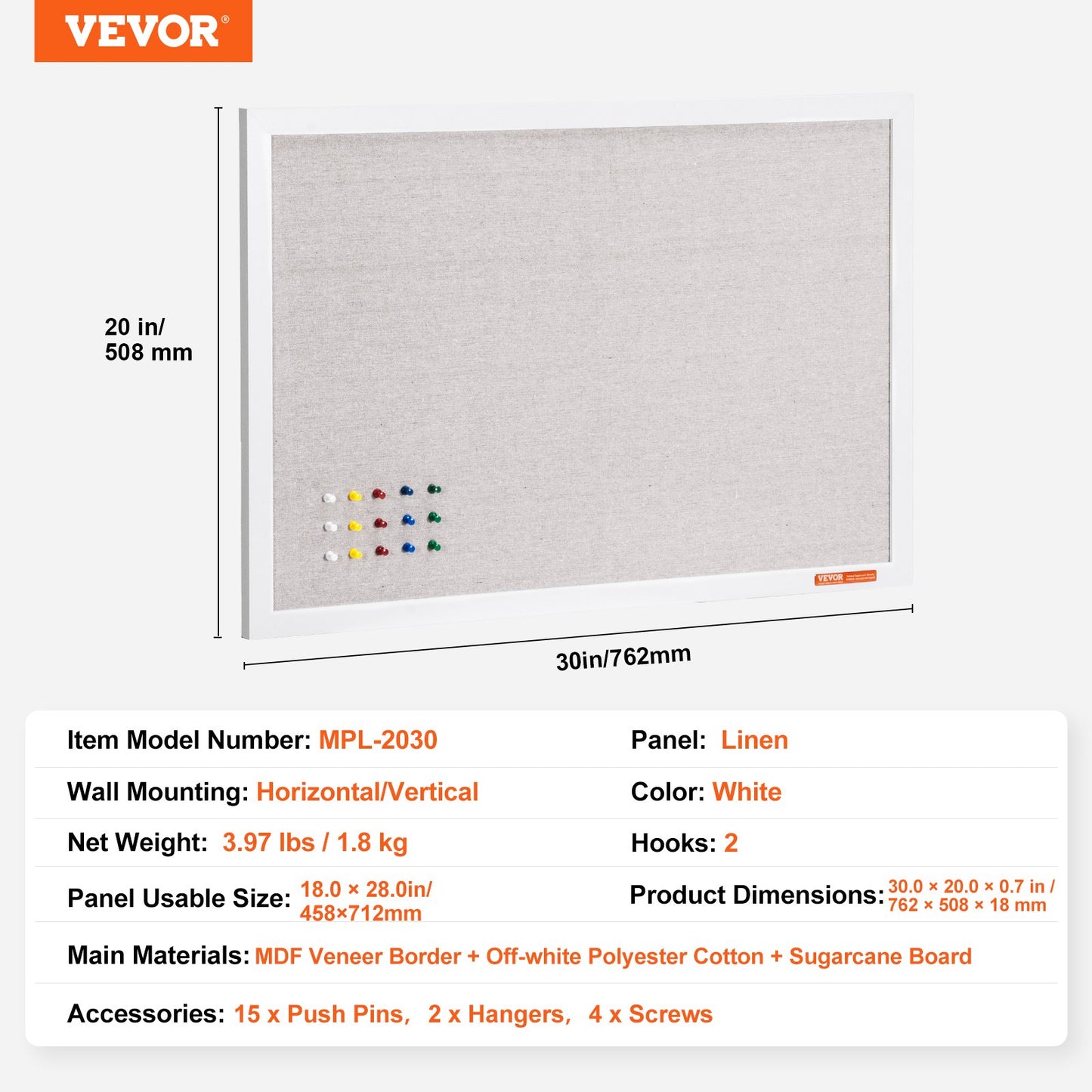 VEVOR 30"x20" White Cork Board with Linen Surface – Stylish Wall-Mounted Bulletin Board for Home,-$20
