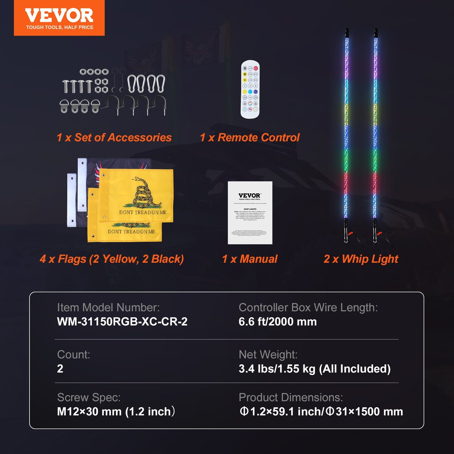 VEVOR 2 PCS 5 FT Whip Light, APP & RF Remote Control Led Whip Light, Waterproof 360° Spiral RGB,-$90