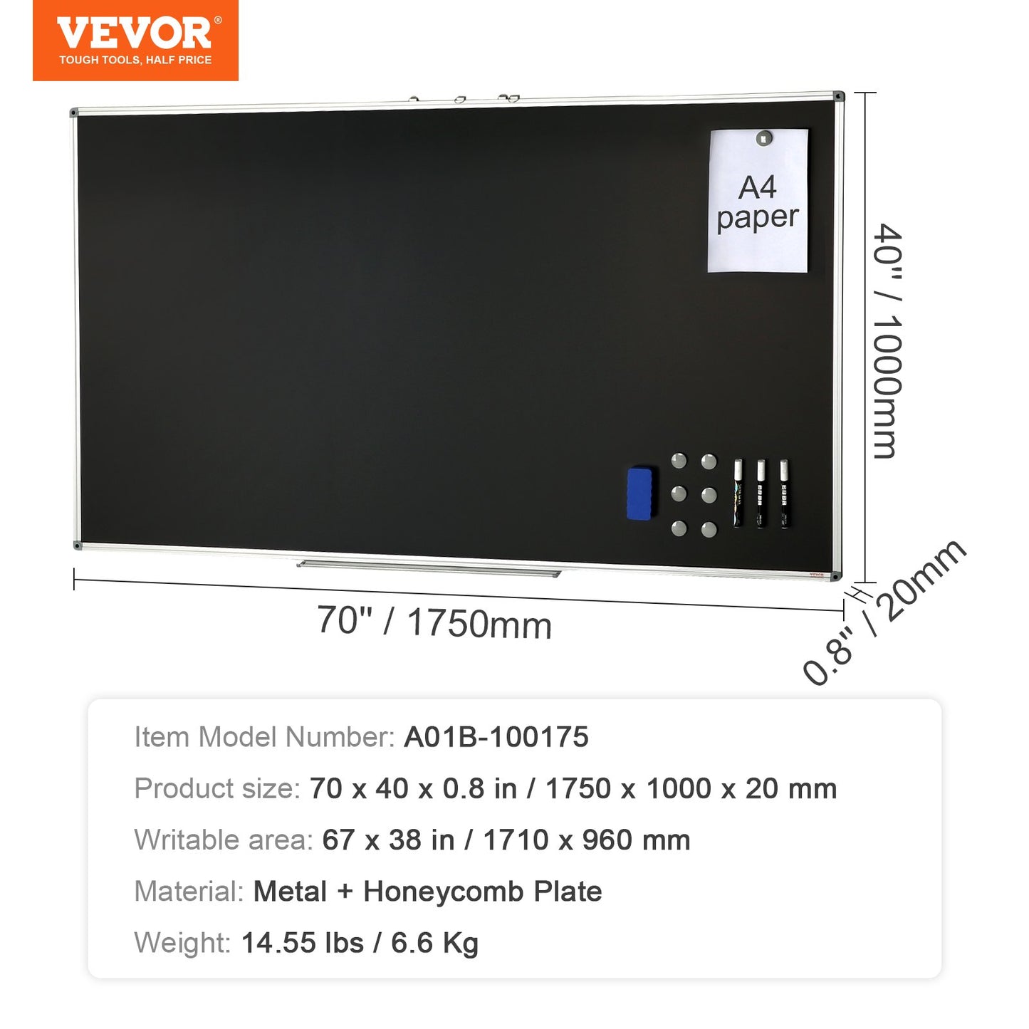 Sefedin VEVOR Black Board, 70 x 40 inch Large Chalkboard with Aluminum Frame, Black Boards Dry Eras