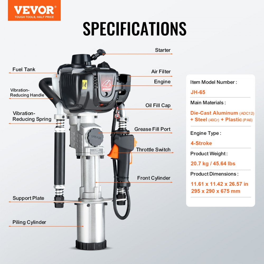 VEVOR 37.77cc Gas-Powered T Post Driver, 4-Stroke Engine Gasoline Fence Piling Pounder, with 3 Post Driving Head