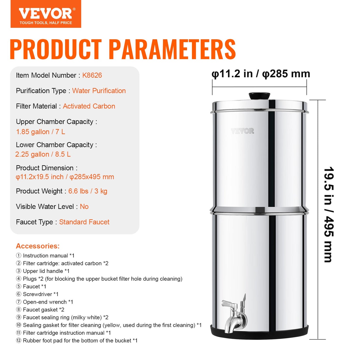 VEVOR Gravity-fed Water Filter System, 2.25G 304 Stainless-Steel Countertop System,-$80