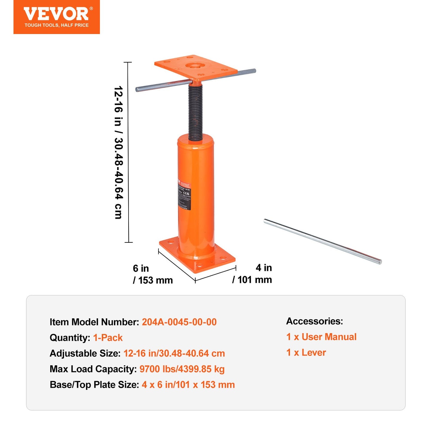VEVOR House Floor Jack, 12"-16" Height Range, 9700 lbs Max Load Capacity, Adjustable Support ,-$25
