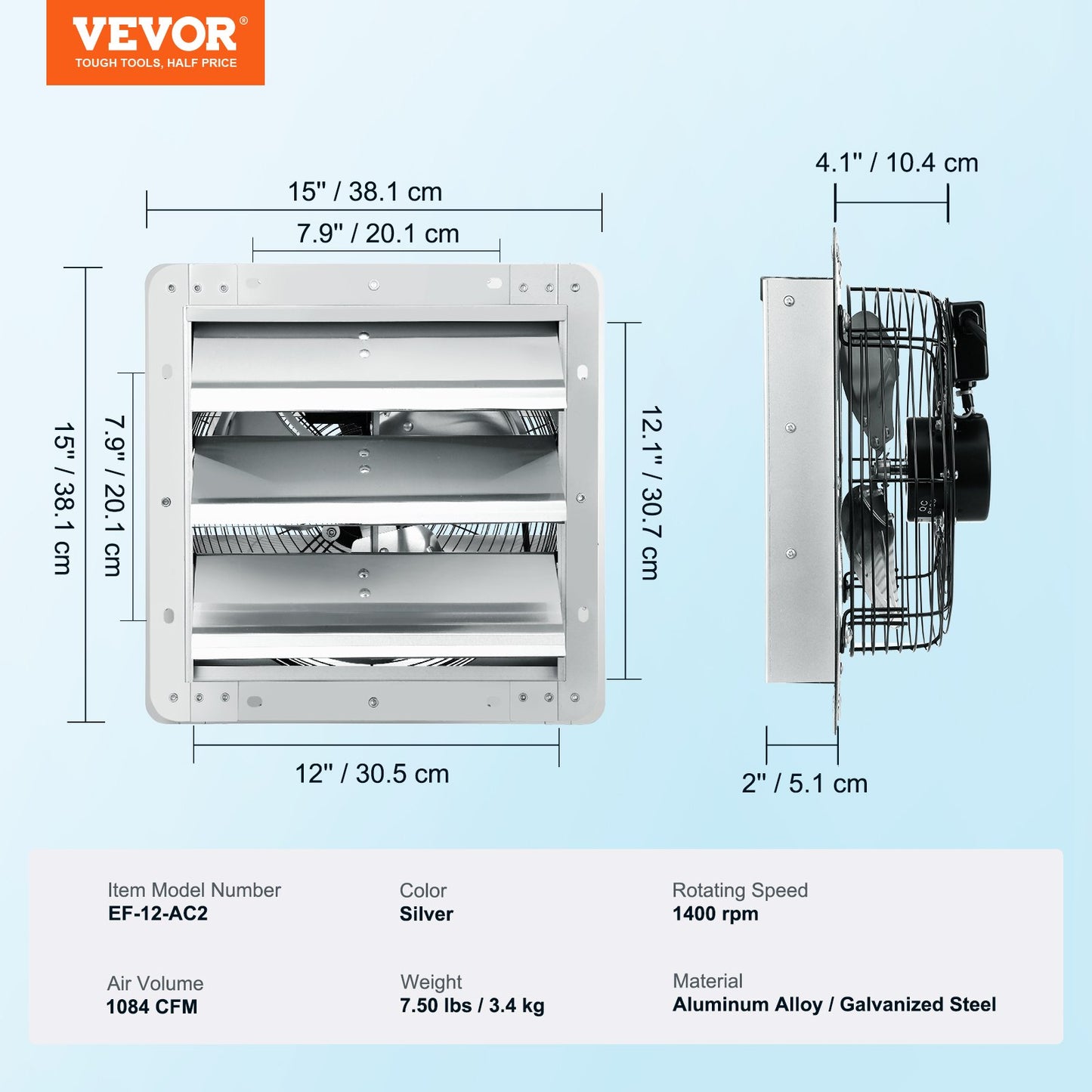 VEVOR 12'' Shutter Exhaust Fan, High-speed 1000 CFM, Aluminum Wall Mount Attic Fan,-$45