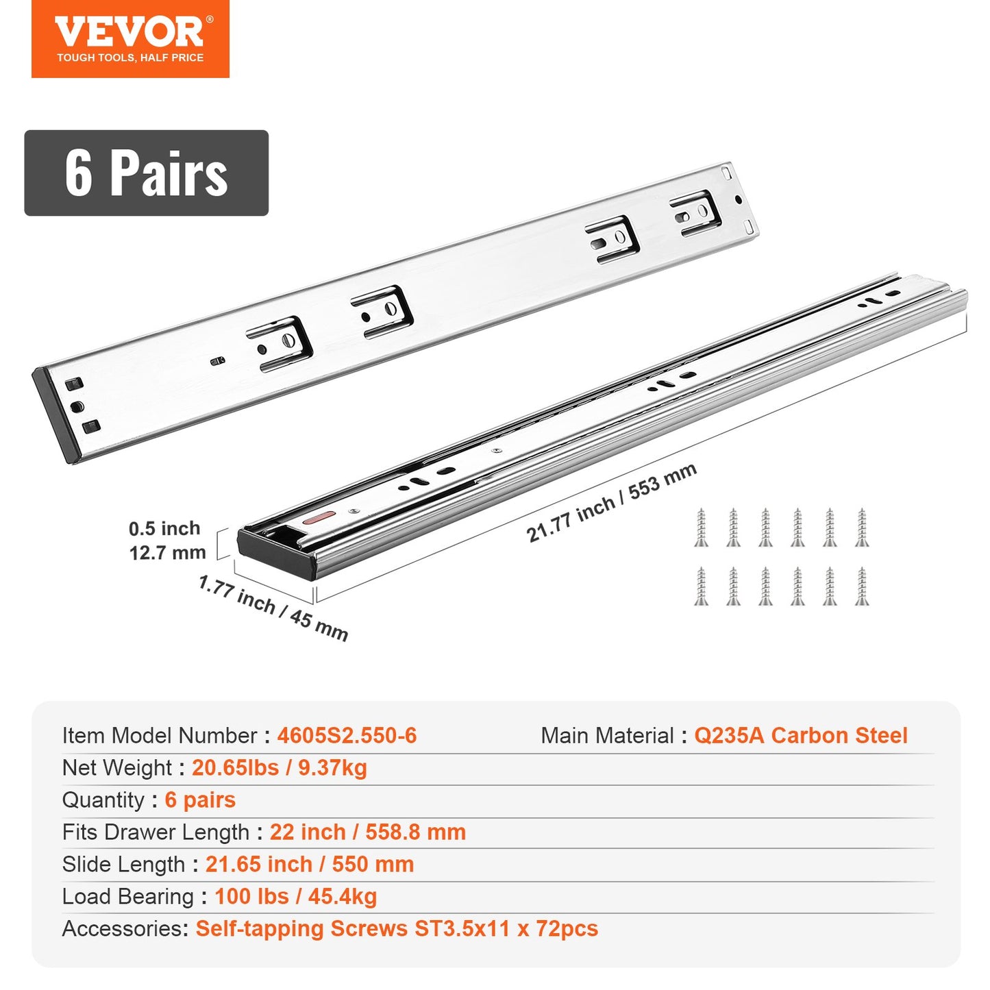 VEVOR 6 Pairs of 22 Inch Drawer Slides Side Mount Rails, Heavy Duty Full Extension Steel Track,-$45
