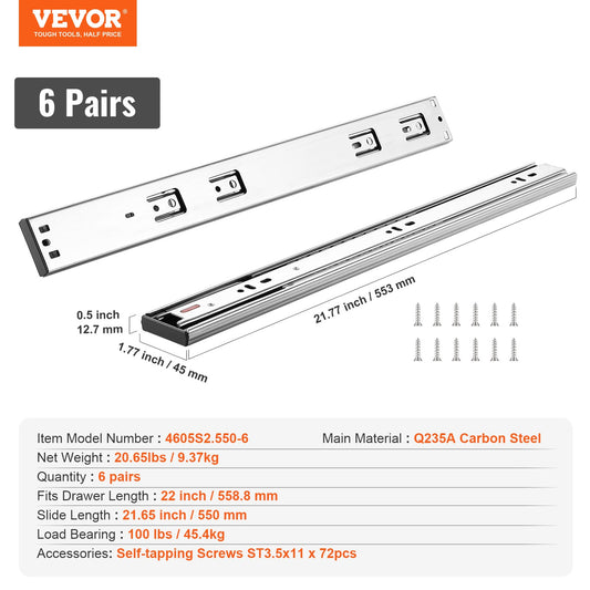 VEVOR 6 Pairs of 22 Inch Drawer Slides Side Mount Rails, Heavy Duty Full Extension Steel Track,-$45