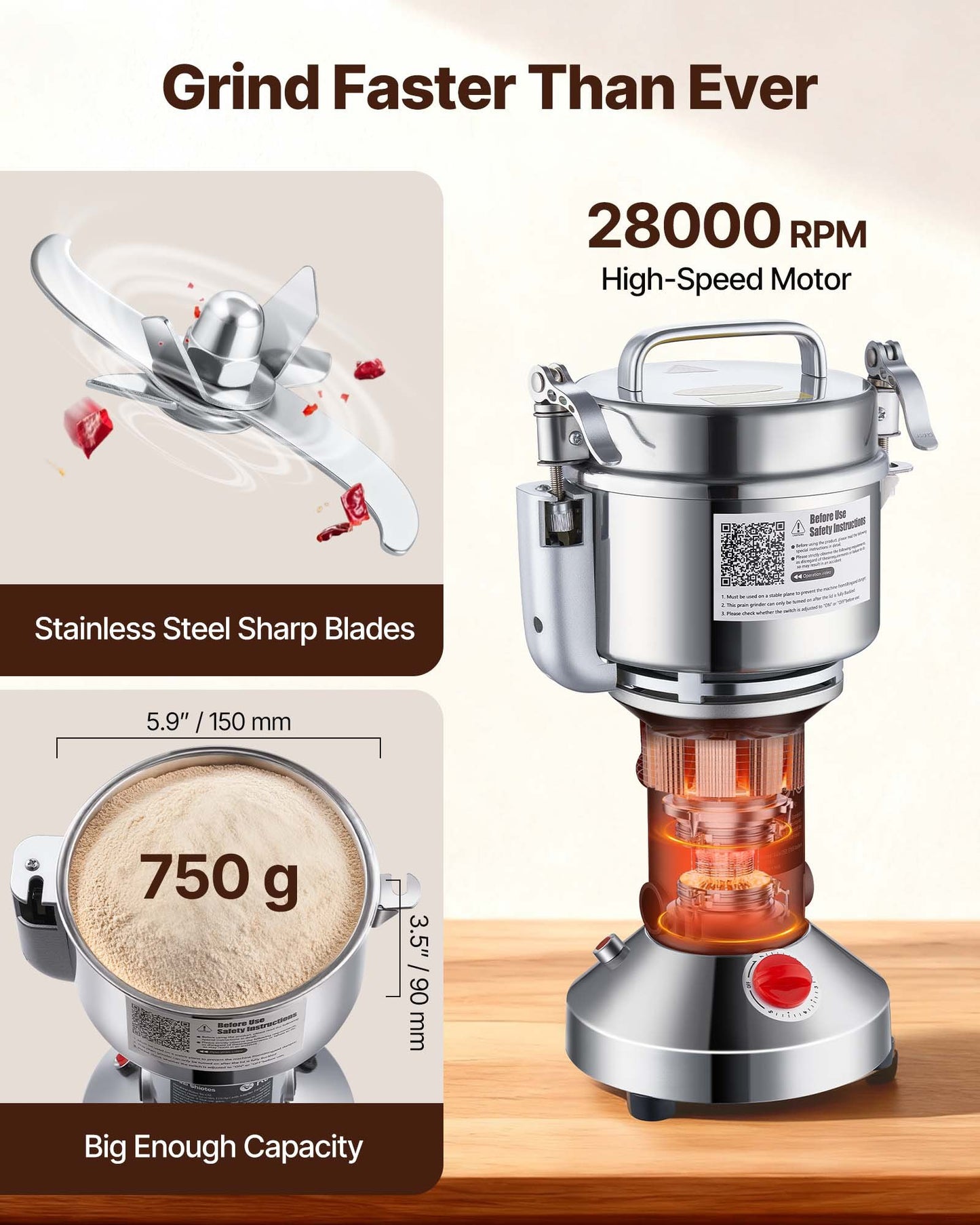 VEVOR 750g Electric Grain Mill Grinder, High Speed 2000W Commercial Spice Grinders,-$65