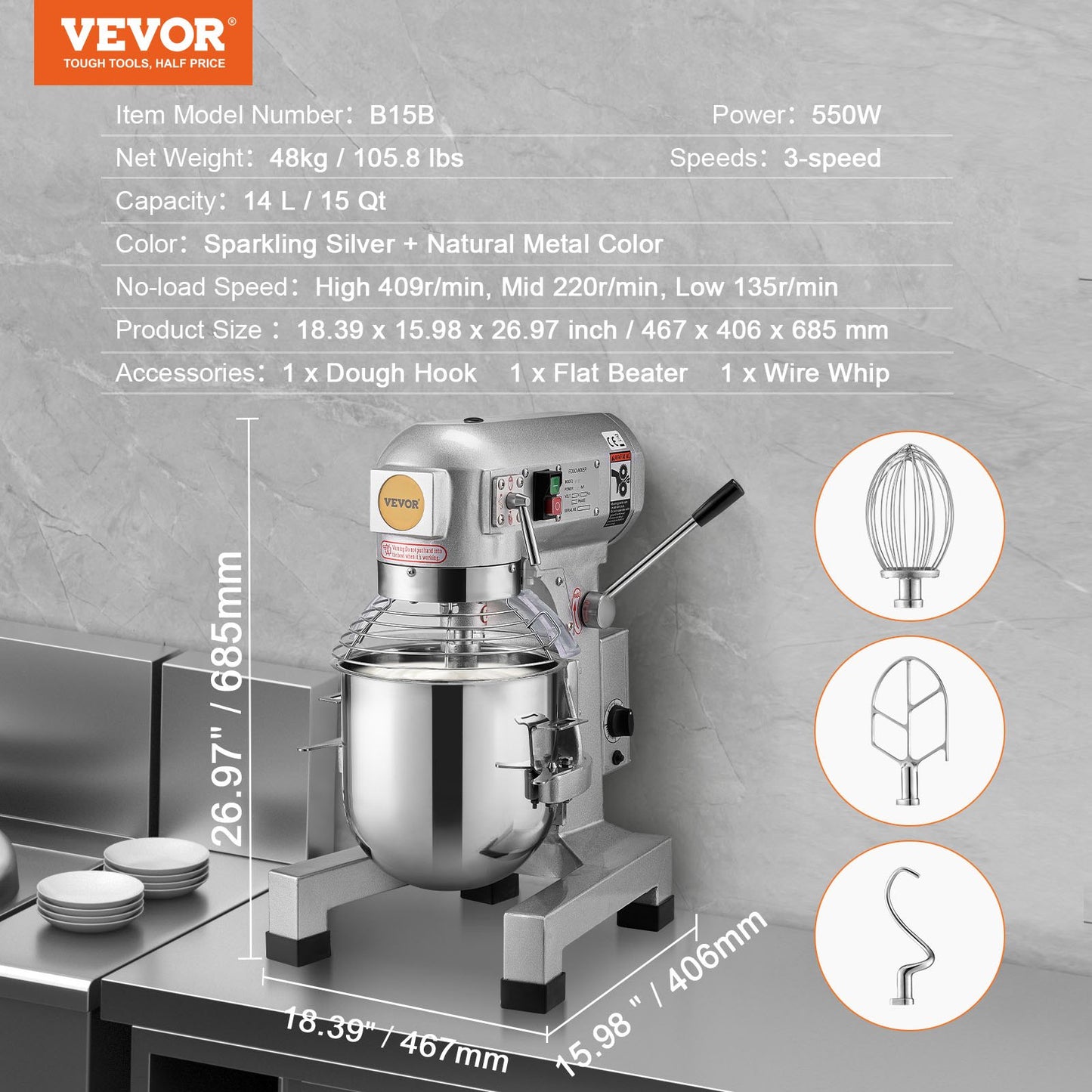 VEVOR Commercial Food Mixer, 14L Commercial Stand Mixer with 3 Adjustable Speeds, 550W,-$550