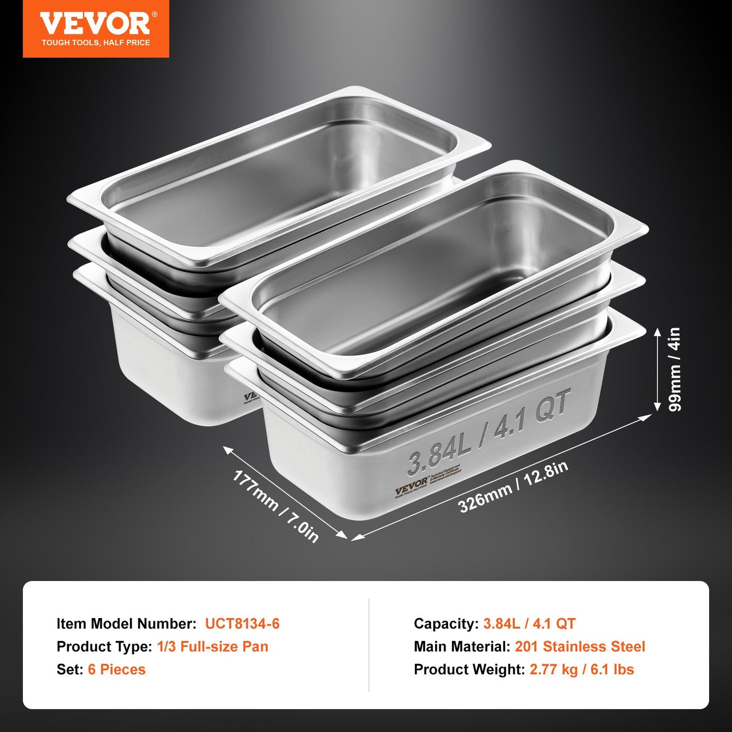 VEVOR 6 Pack Hotel Pans, 1/3 Size Anti-Jam Steam Pan, 0.8mm Thick Restaurant Steam Table Pan,-$35