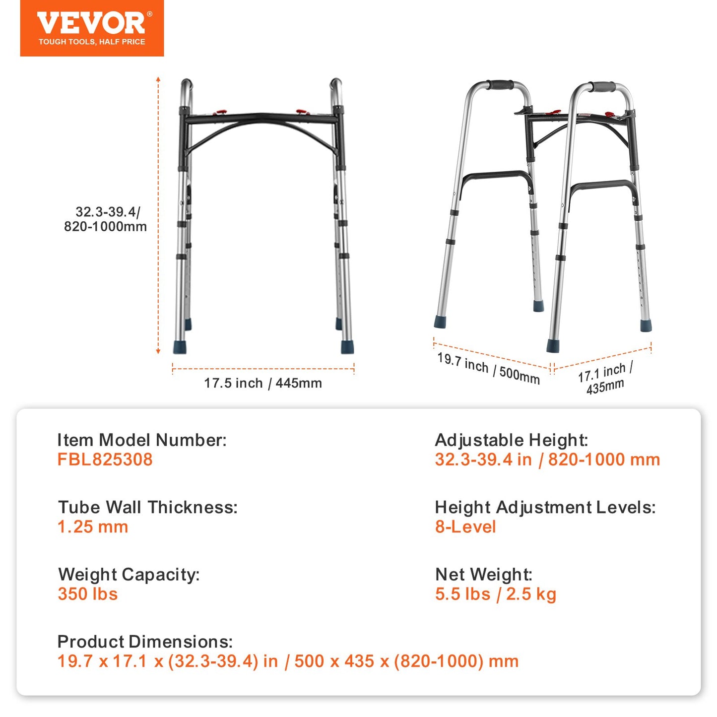 VEVOR Folding Walker, 2-Button Folding Walkers with 8-Level Adj Height and Durable Handles,-$35