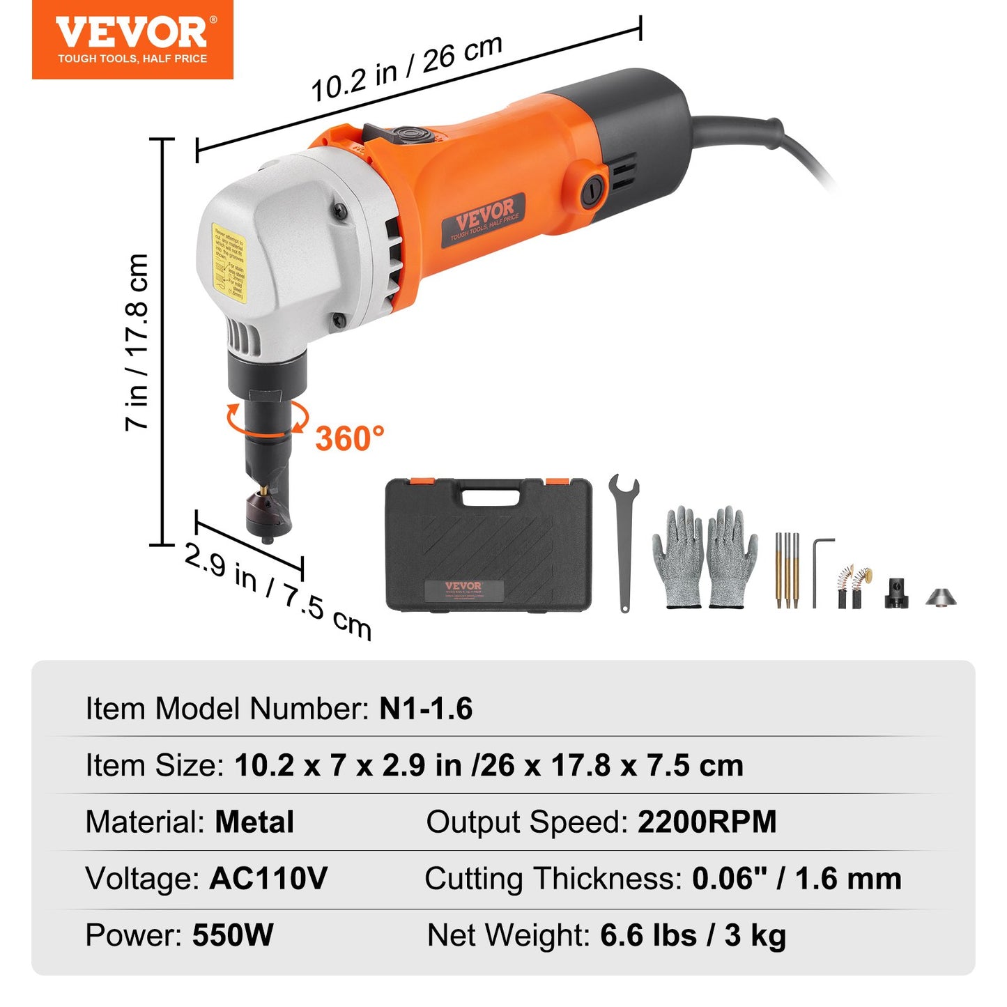 VEVOR Sheet Metal Nibbler, 550W Powerful 2200 RPM High Speed, 360 Degree Rotation Electric,-$95