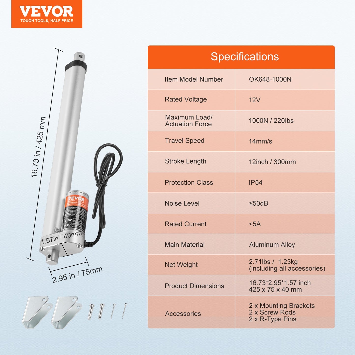 VEVOR Linear Actuator 12V, 12 Inch High Speed 0.55"/s Linear Actuator, 220lbs/1000N Linear Motion Actuator,-$30