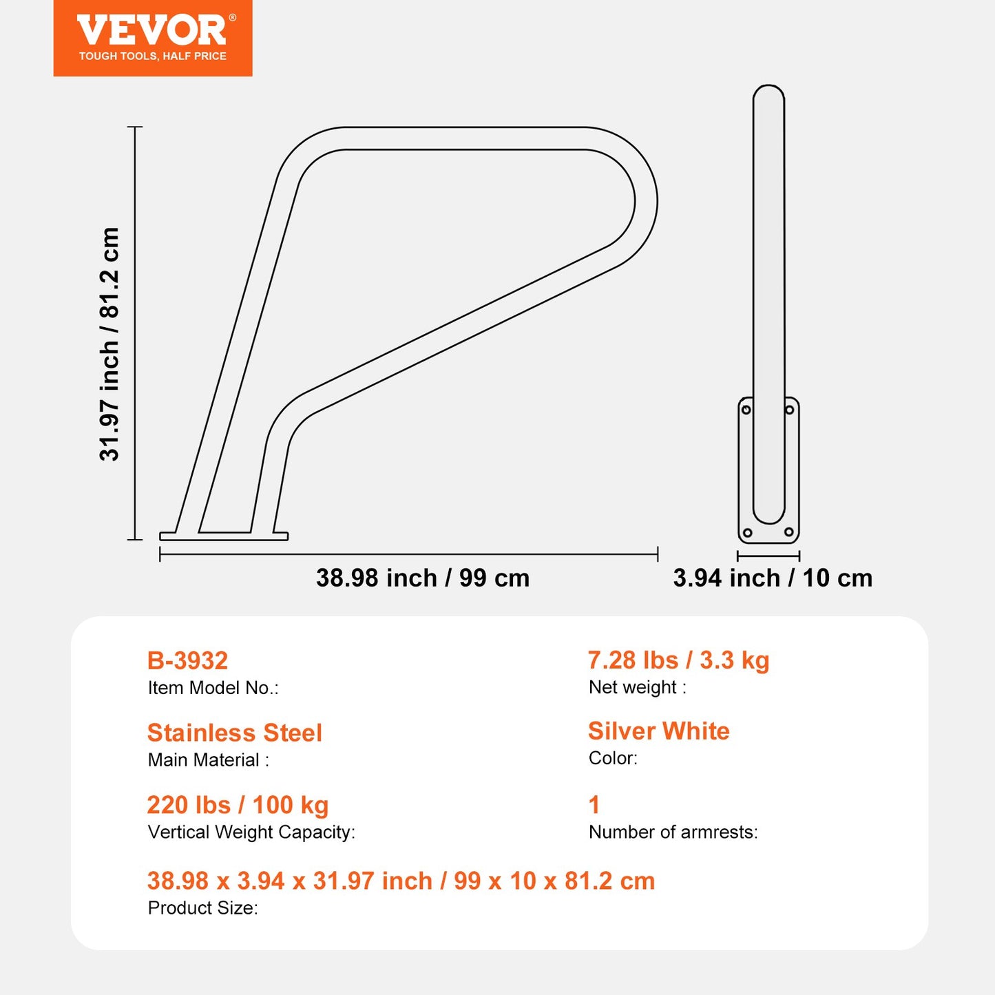 VEVOR Pool Handrail, 39 x 32 inch Pool Railing, Stainless Steel with Base Plate for Indoor/Outdoor,-$80