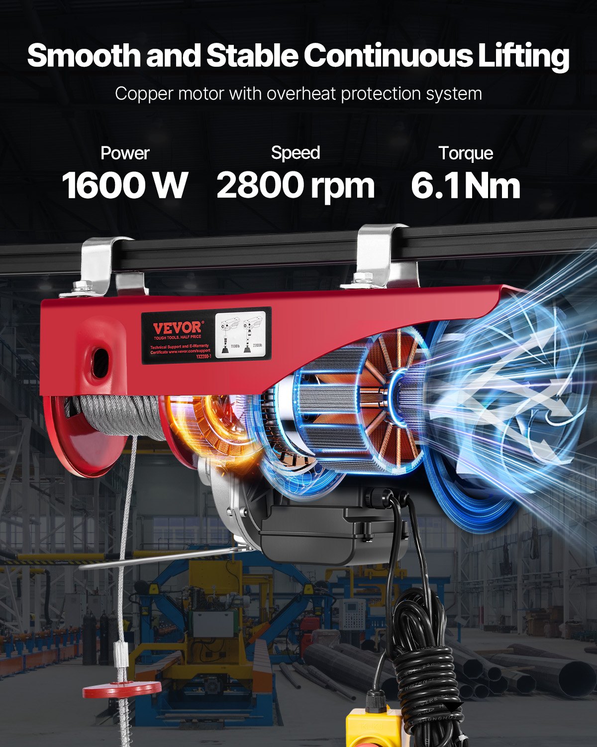 VEVOR Electric Hoist, 2200 lbs Lifting Capacity, 1600W 110V Electric Steel Wire Winch w/ 14ft Wired Remote,-$140