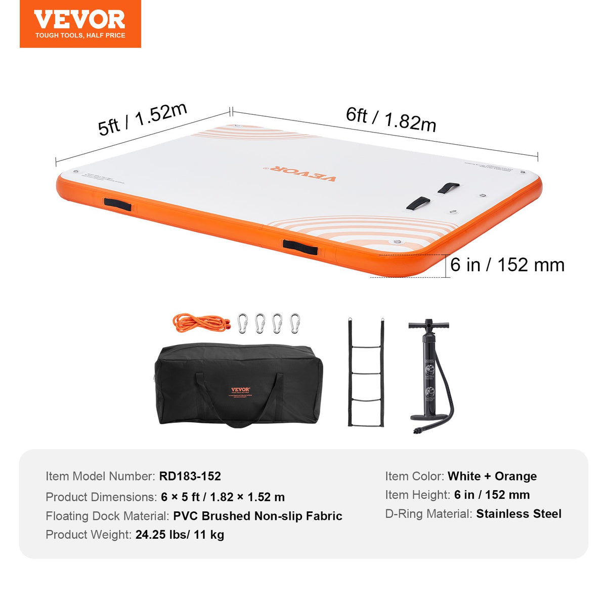VEVOR Inflatable Floating Dock,6 x 5FT Inflatable Dock Platform,Non-Slip Water Floating Dock Mat W/Portable Carrying Bag & Detachable Ladder