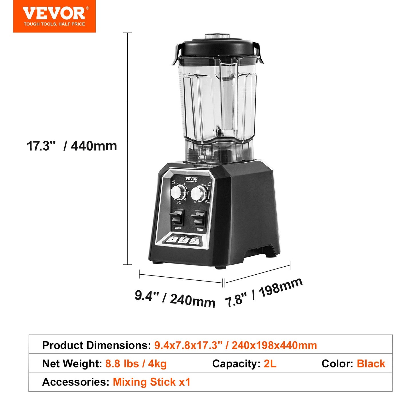 VEVOR Professional Blender, Commercial Countertop Blenders, 68 oz Plastic Jar Blender Combo,-$60