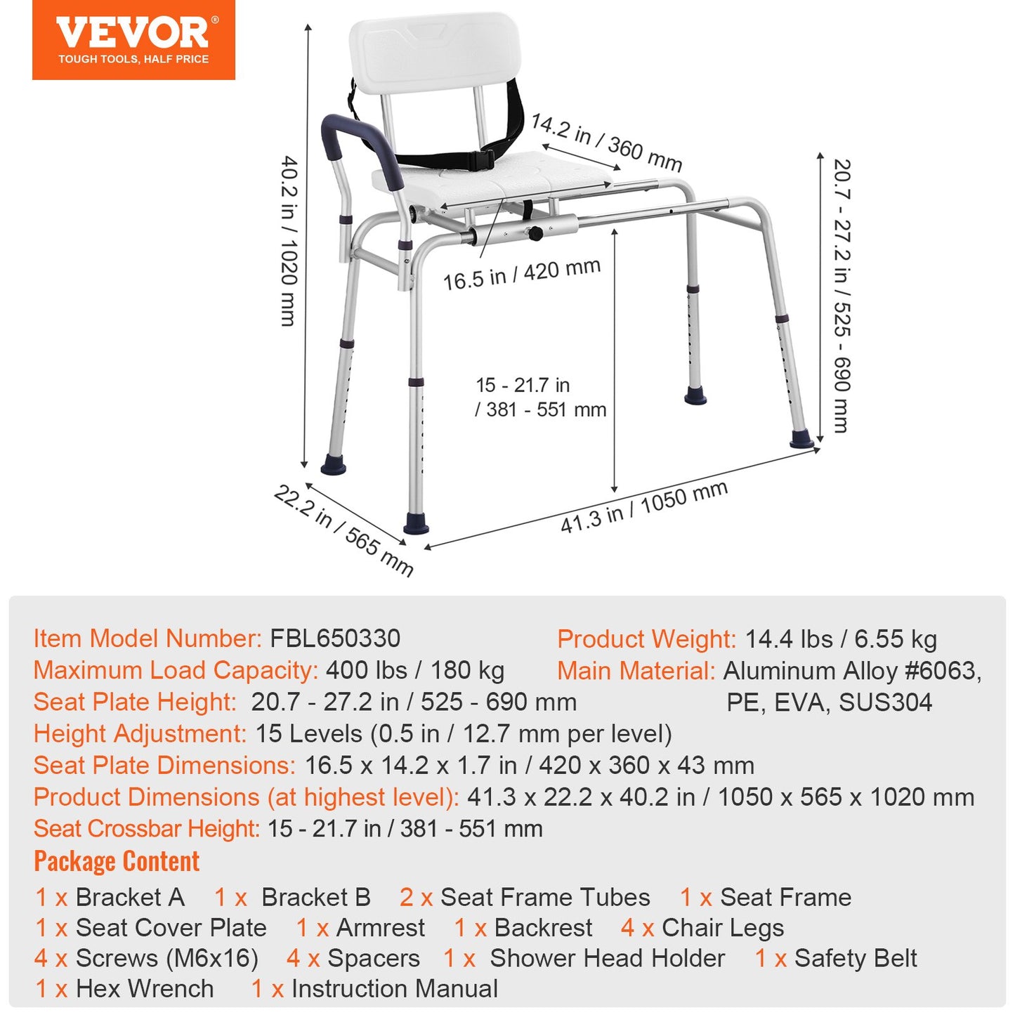 VEVOR Sliding Tub Transfer Bench, Height Adjustable Bathtub Transfer Bench with Cut‑Out Seat,-$75