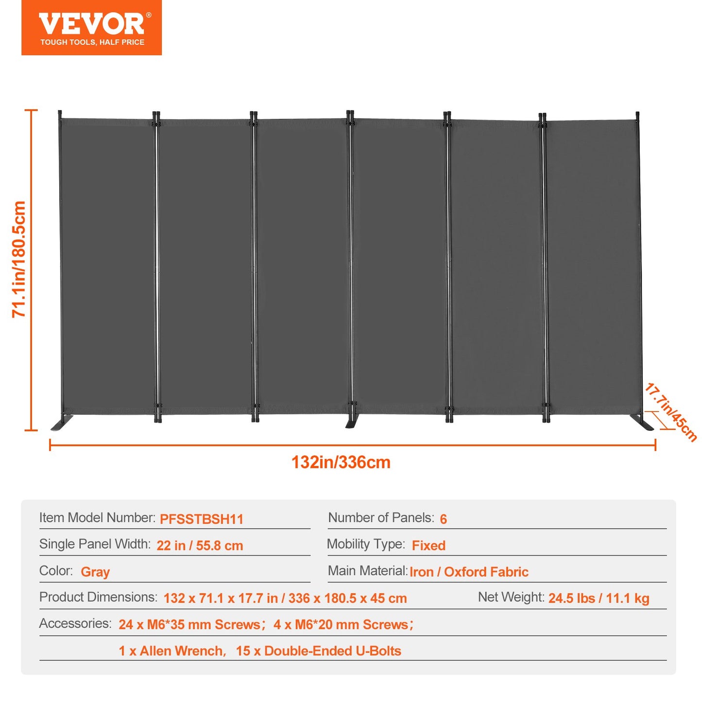 VEVOR Room Divider, 6 Panels Room Divider, Folding Privacy Screen and Portable,-$55
