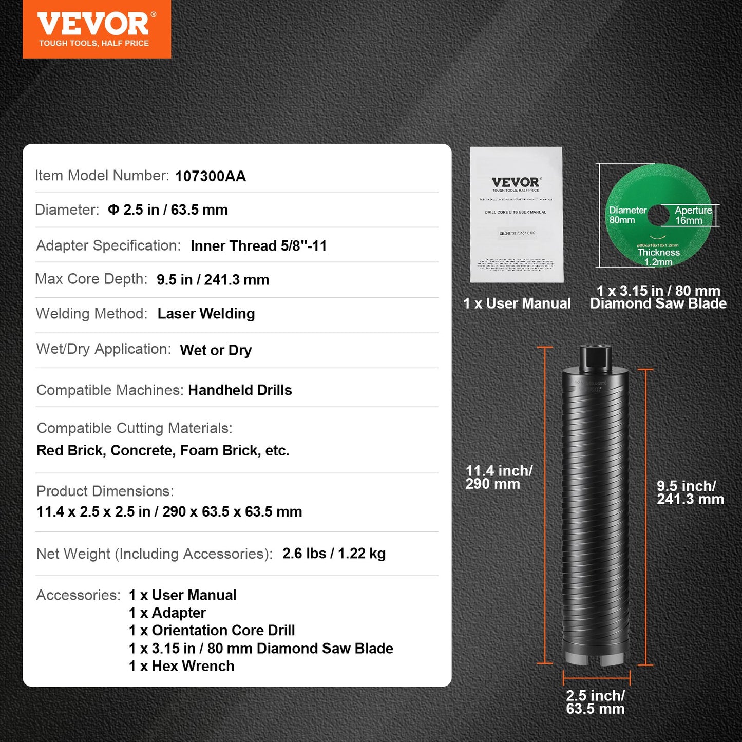 VEVOR Core Drill Bit, 2.5" Wet/Dry Diamond Core Drill Bits for Brick and Block, Concrete Core Drill Bit,-$30