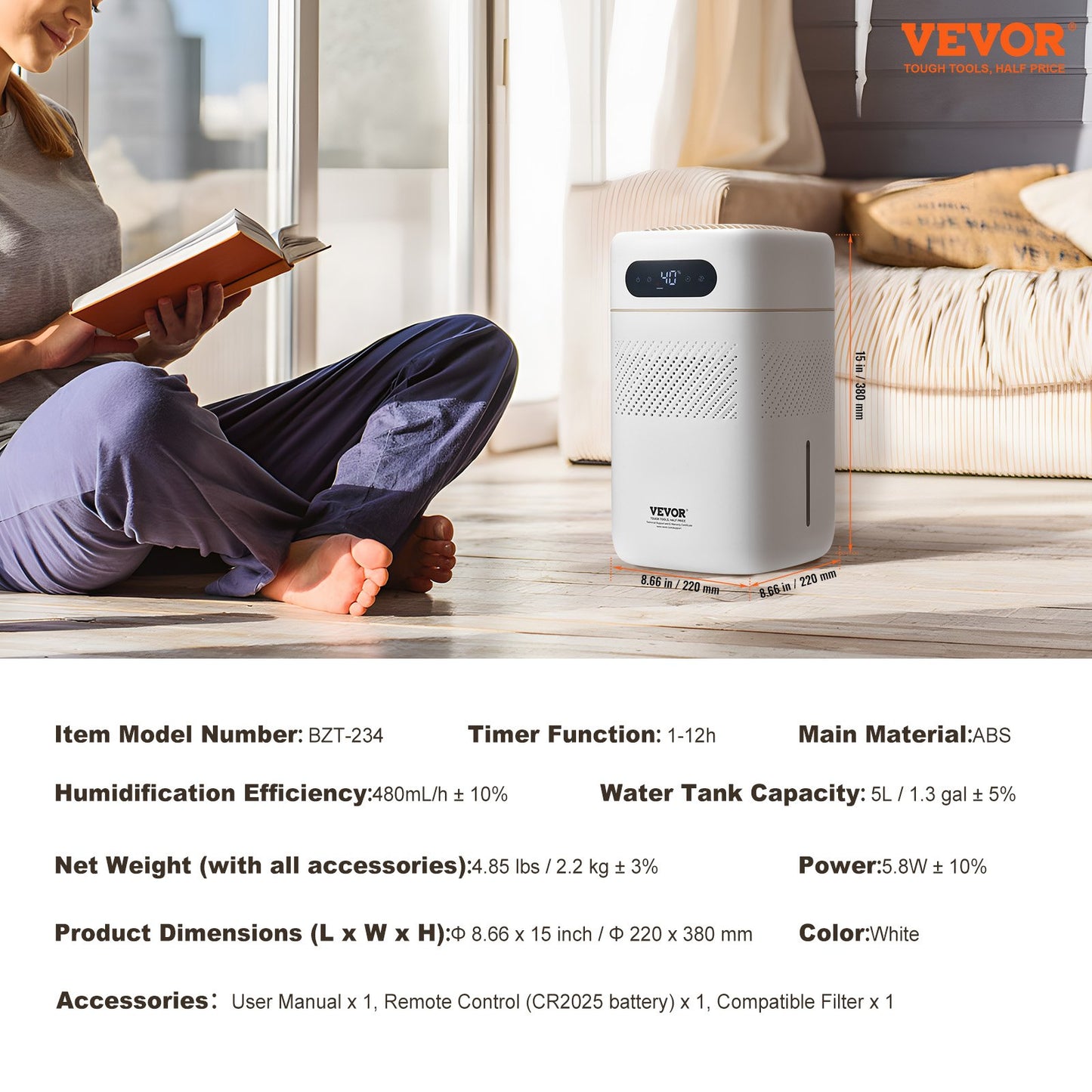VEVOR Evaporative Humidifier for Whole House up to 215 sqft, 480 ml/h Smart Cool Moisture Humidifier,-$60