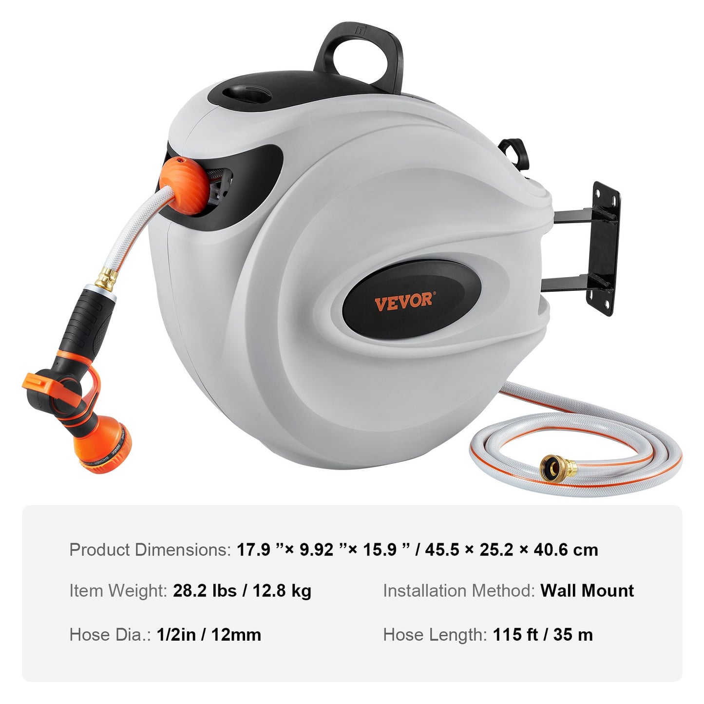 VEVOR Retractable Hose Reel, 115 ft x 1/2 inch, 180° Swivel Bracket Wall-Mounted, Garden Water Hose Reel,-$100