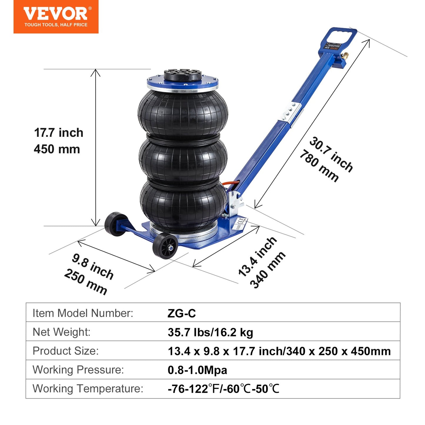 VEVOR Air Jack, 3 Ton/6600 lbs Triple Bag Air Jack, Airbag Jack with Six Steel Pipes, Lift up to 17.7",-$85