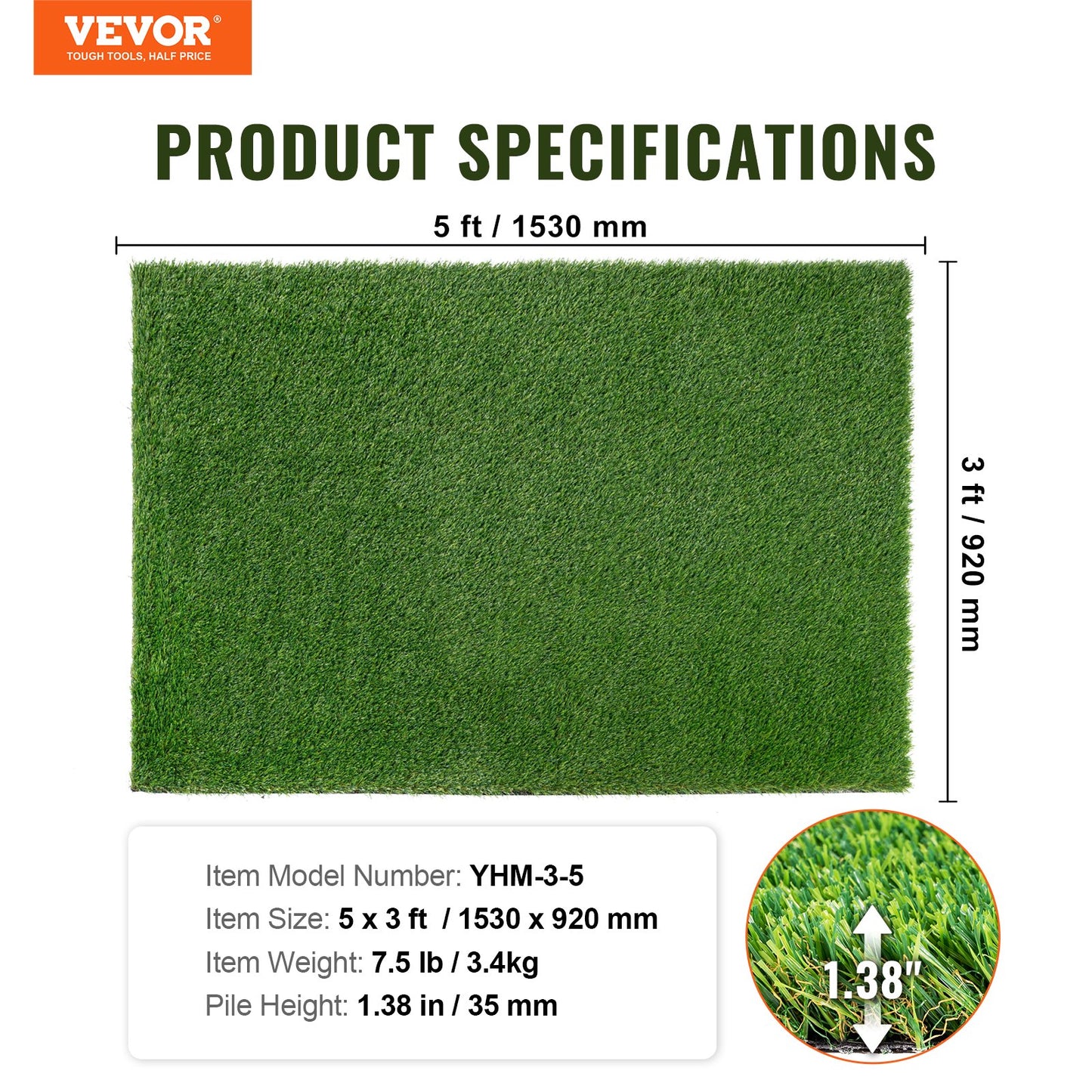 VEVOR Artifical Grass, 3 x 5 ft Rug Green Turf, 1.38" Fake Door Mat Outdoor Patio Lawn Decoration,-$30