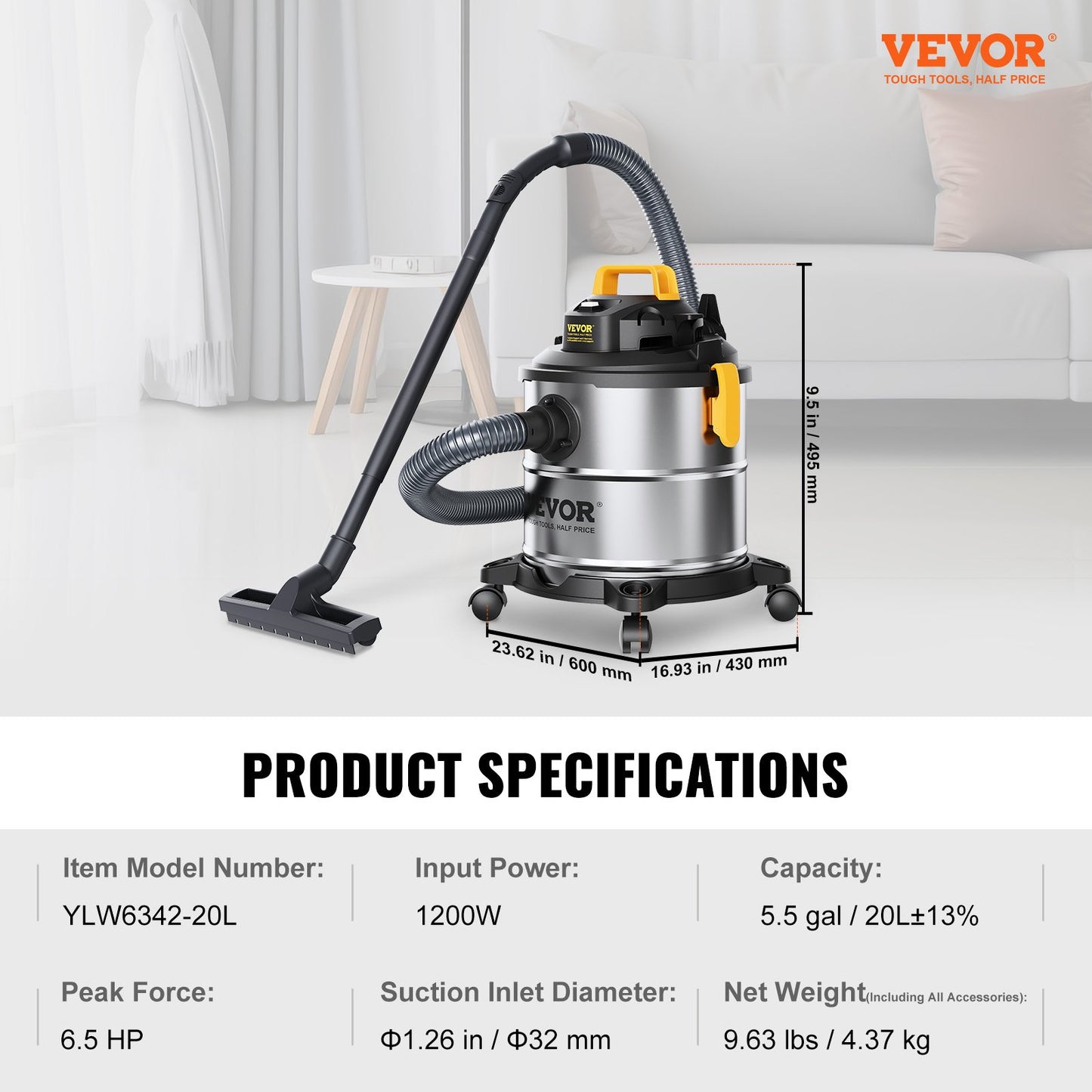Open Box VEVOR Stainless Steel Wet Dry Shop Vacuum, 5.5 Gallon 6 Peak HP Wet/Dry Vac,-$55