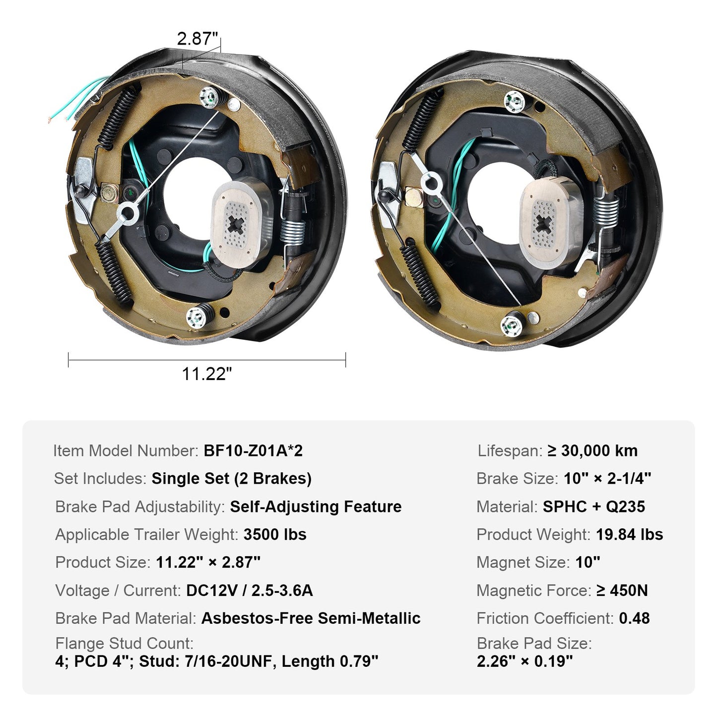 VEVOR Electric Trailer Brake Assembly, 10" x 2-1/4", 1 Pair Self-Adjusting Electric Brakes,-$55