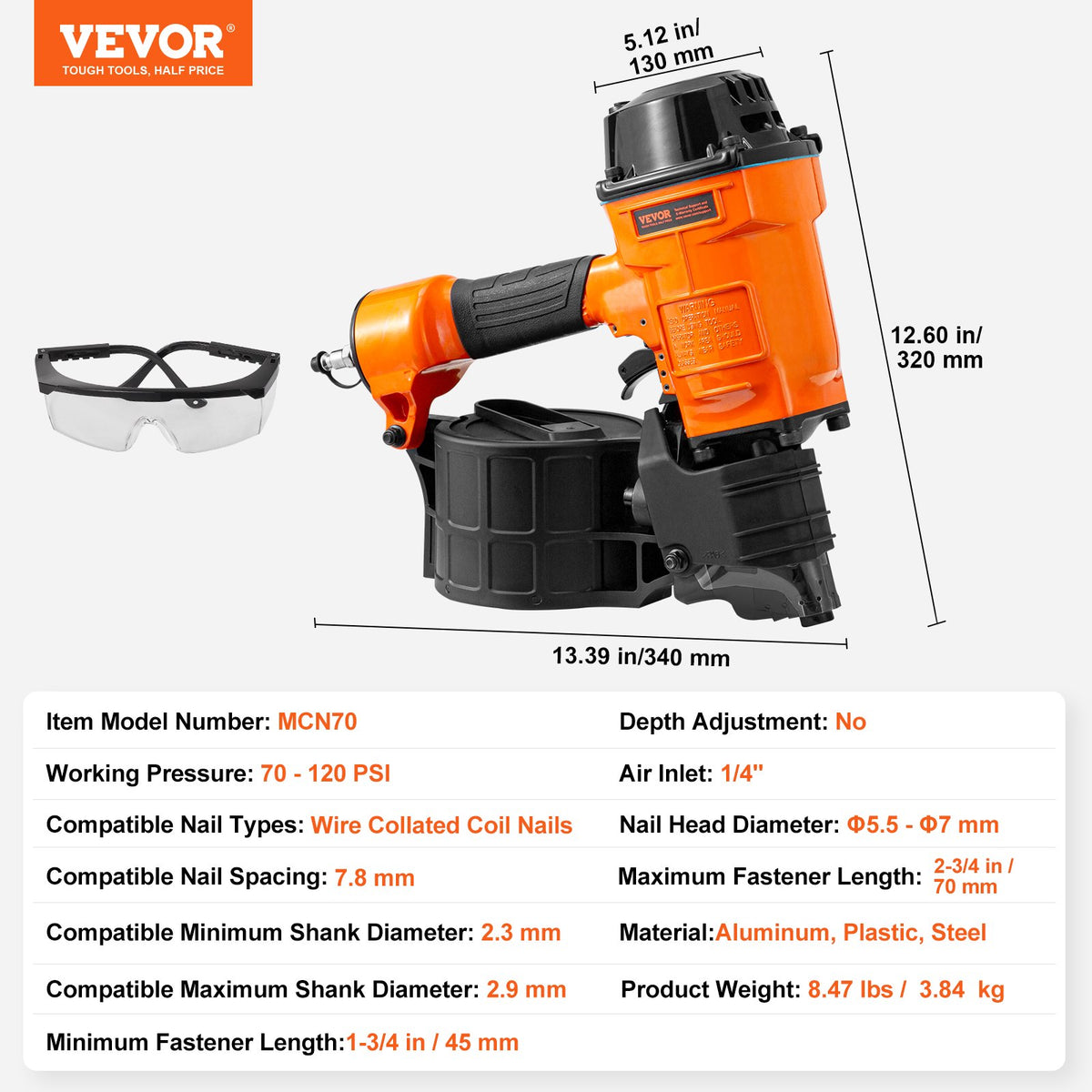 VEVOR Coil Siding Nailer MCN70,1-3/4" to 2-3/4" 15 Degree Pneumatic Siding Nail Gun,70-120PSI Air Coil Nailer for Pallet