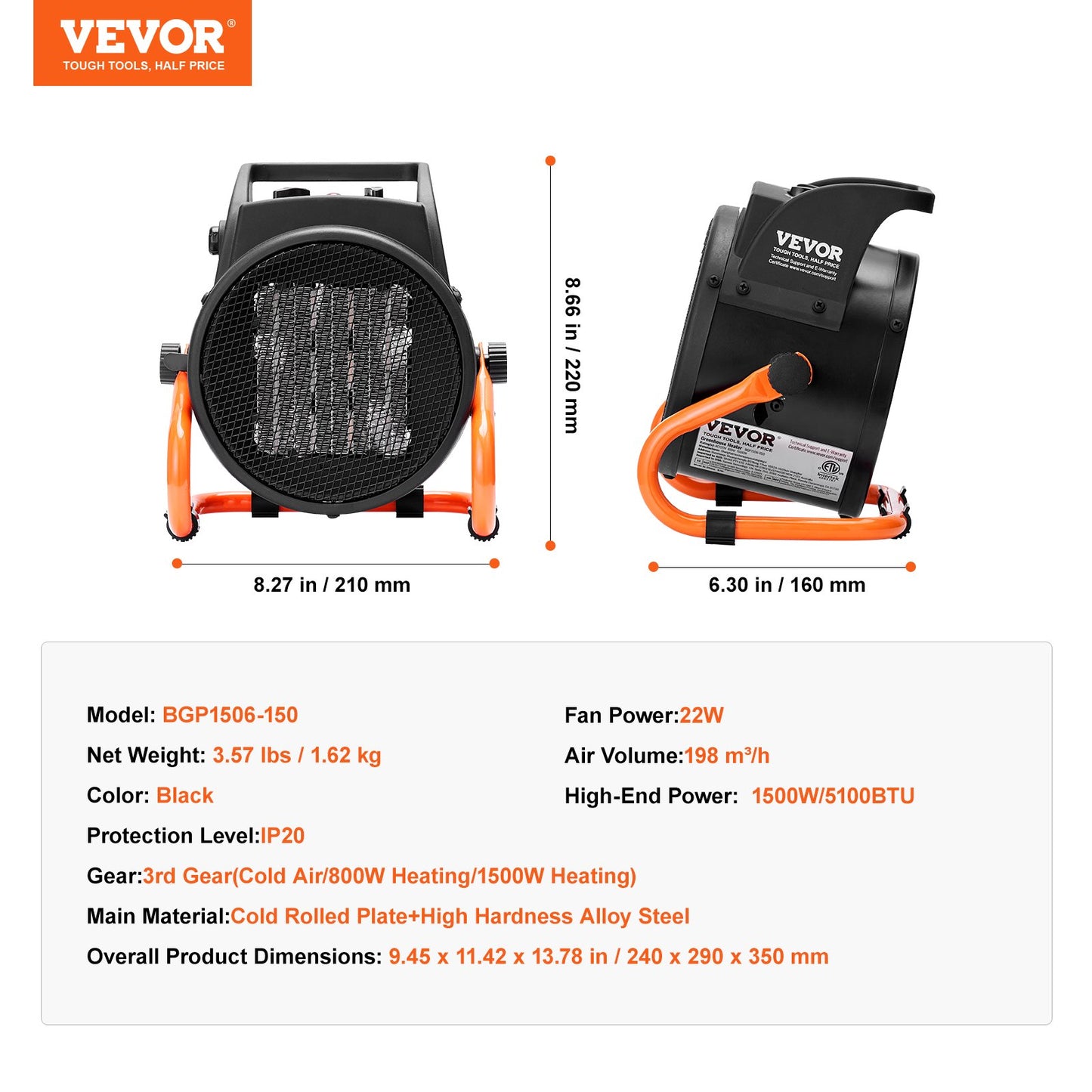 VEVOR Greenhouse Heater, 1500W PTC Fast Heating with Overheat Protection, 3-Speed Setting,-$30
