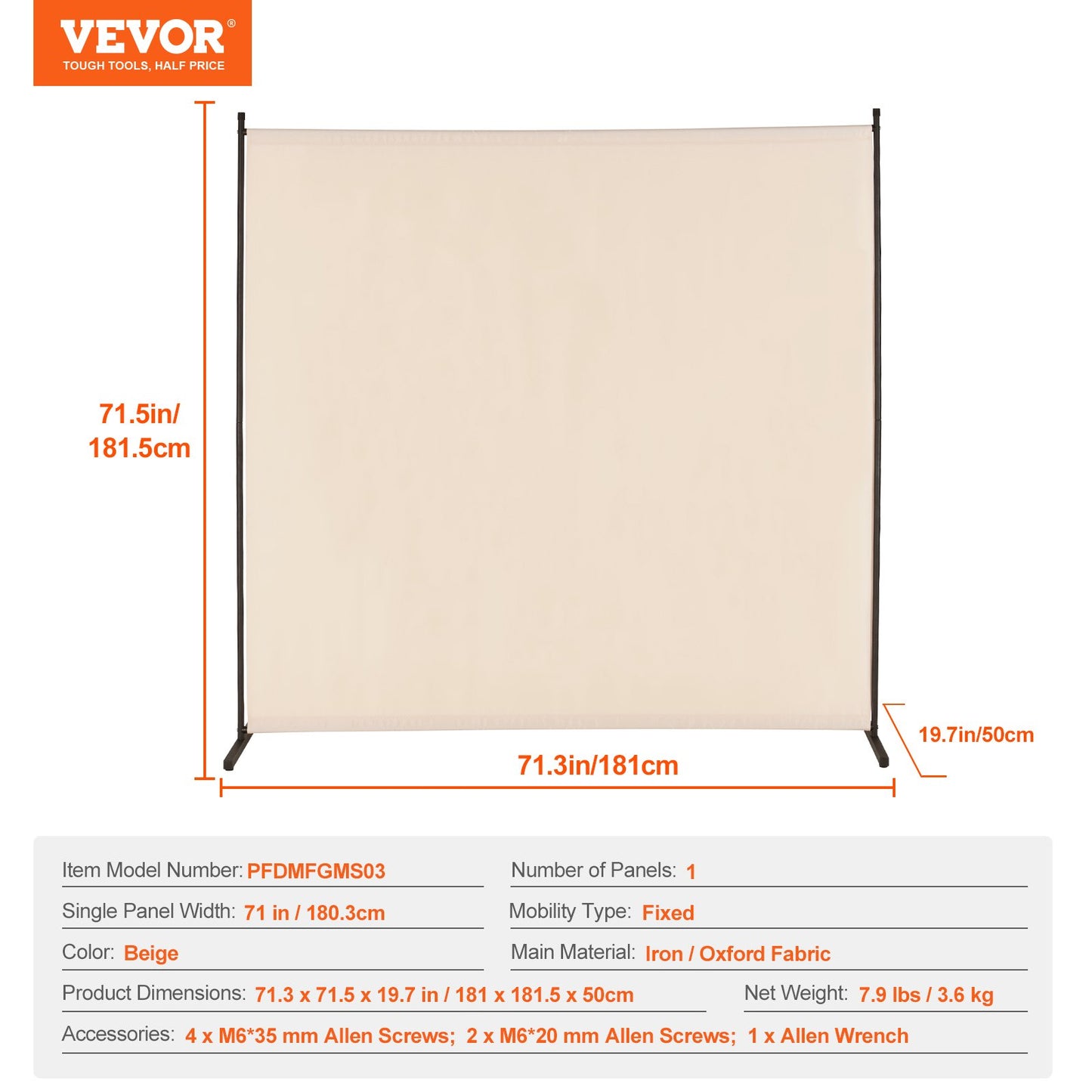 VEVOR Room Divider, Single Panel Room Divider, 6FT Privacy Screen Indoor, Partition Divider,-$30