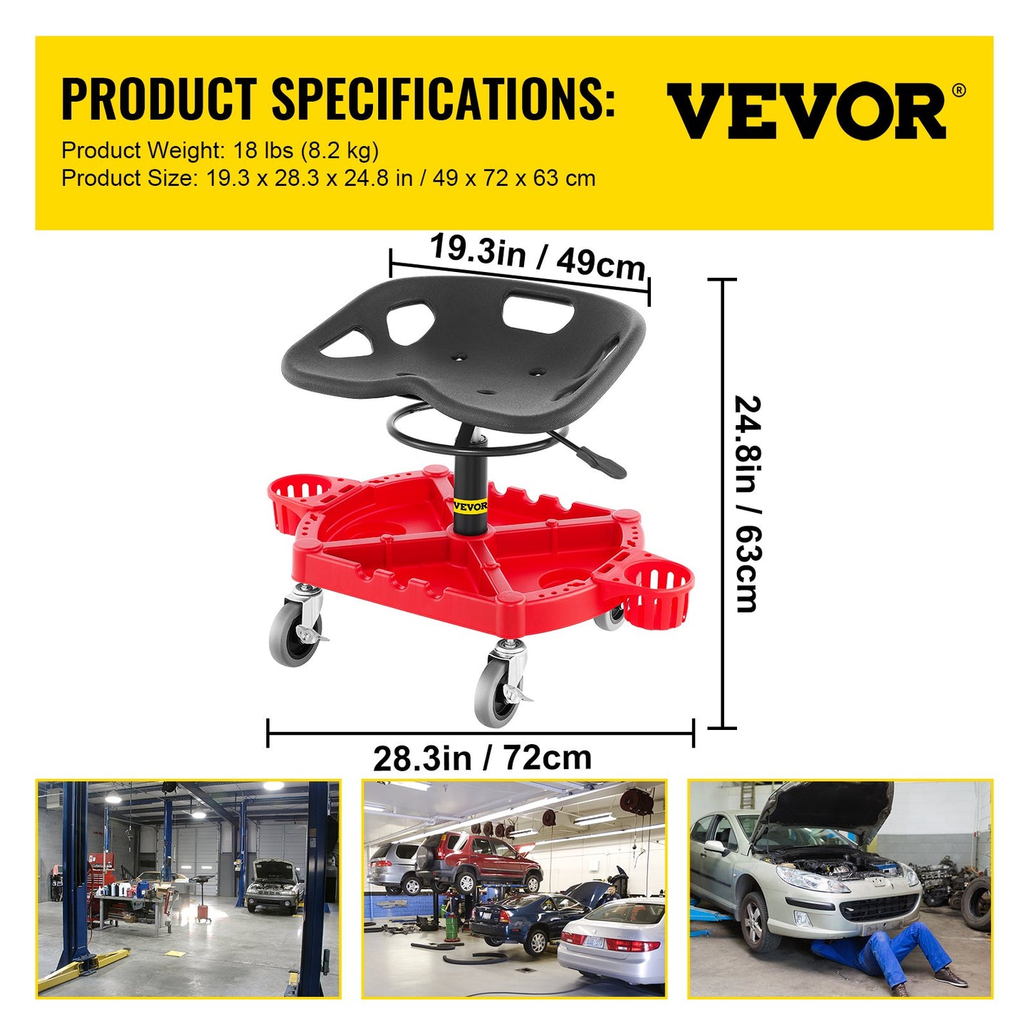 VEVOR Rolling Garage Stool, 300LBS Capacity, Adjustable Height from 18 in to 23 in, 360-degree Wheels,-$65