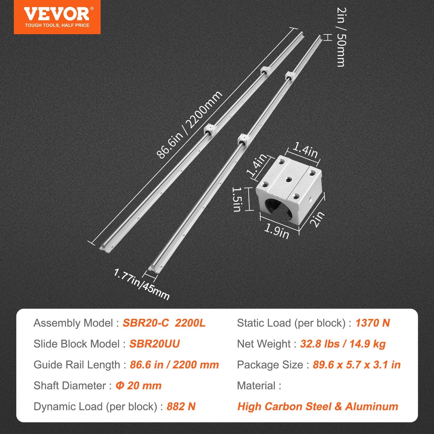 VEVOR Linear Guide Rail Set, SBR20 2200mm, 2 PCS 86.6 in/2200 mm SBR20 Guide Rails and 4 PCS,-$110