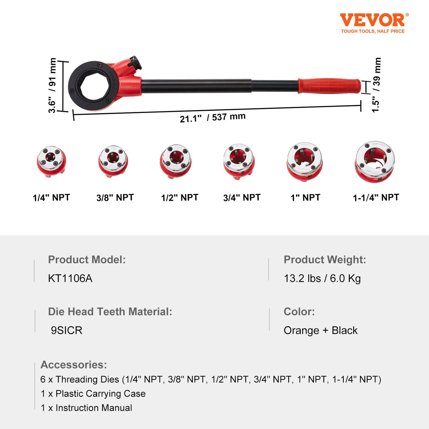 VEVOR Ratchet Pipe Threader Kit, 1/4" NPT - 1-1/4" NPT Manual Ratcheting Pipe Threader,-$45