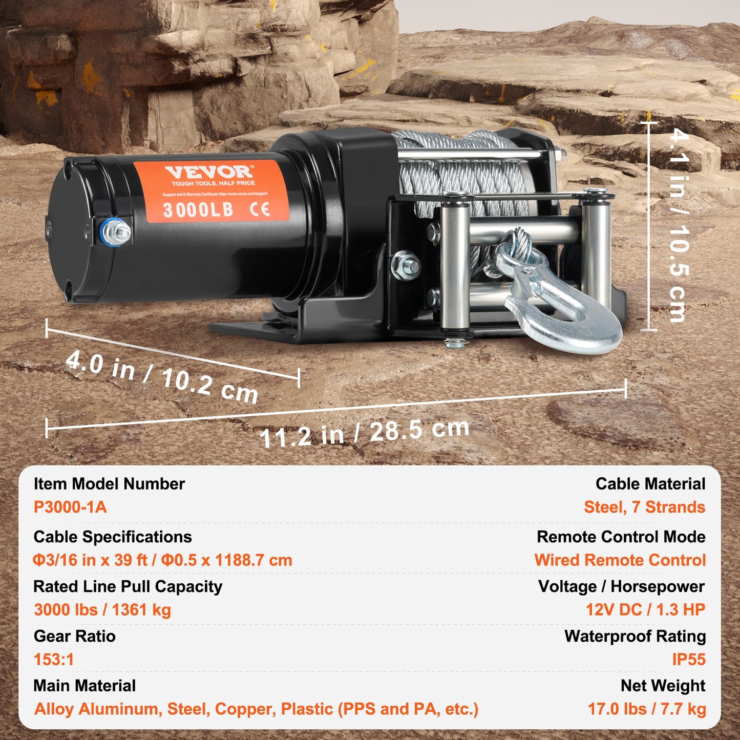 VEVOR Electric Winch, 3000 lb Line Pull Capacity, 12V DC ATV/UTV Winch with Φ3/16 in x 39 ft,-$75