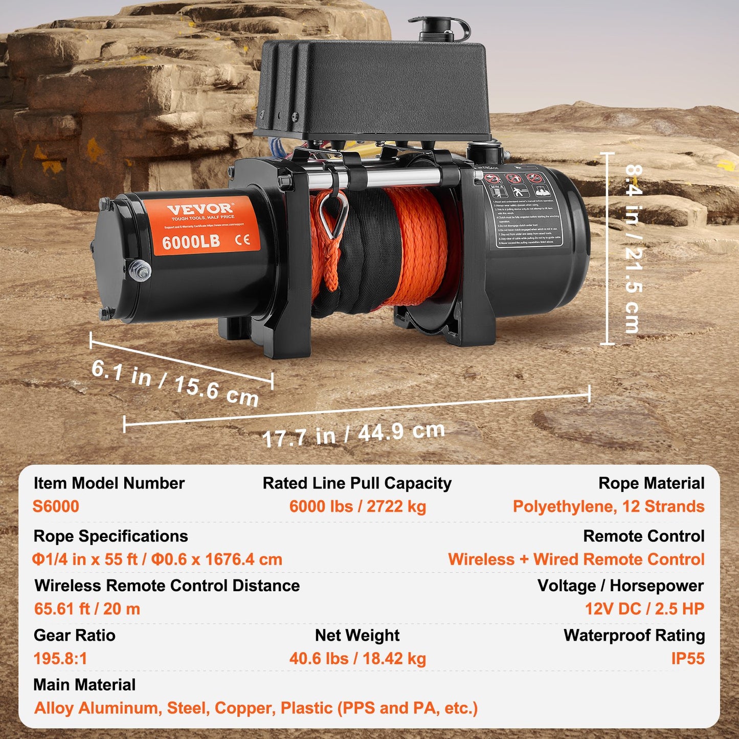 VEVOR Electric Winch, 6000 lb, 12V DC Truck Winch with Φ1/4 in x 55 ft Synthetic Rope Aluminum,-$180