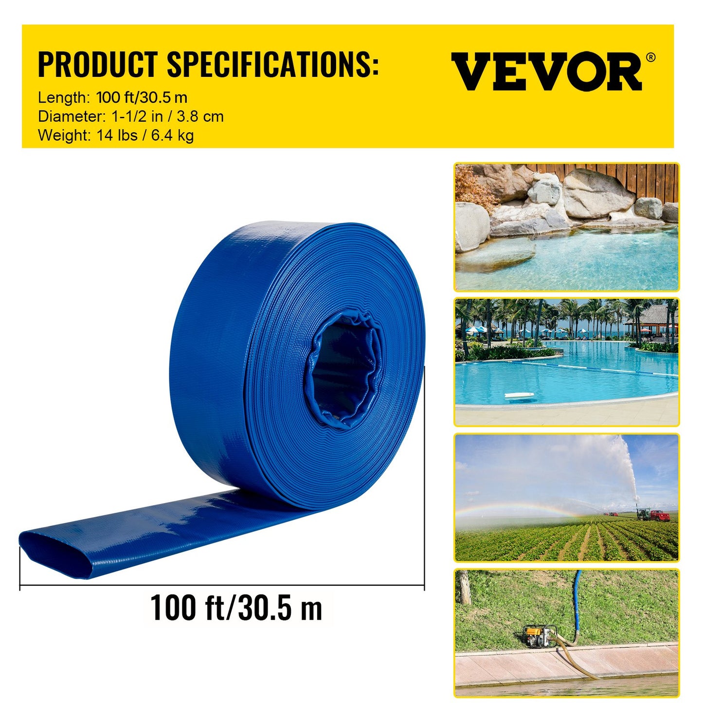 VEVOR Discharge Hose, 1-1/2" x 100', PVC Fabric Lay Flat Hose, Heavy Duty Backwash Drain Hose with Clamps