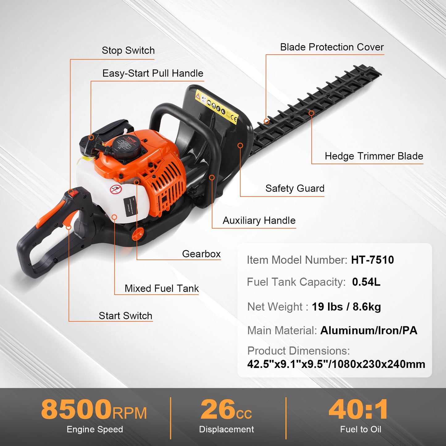 VEVOR 23.2-inch 26CC 2 Cycle Gas Hedge Trimmer, Gas Powered Handheld Hedge Trimmer -$145
