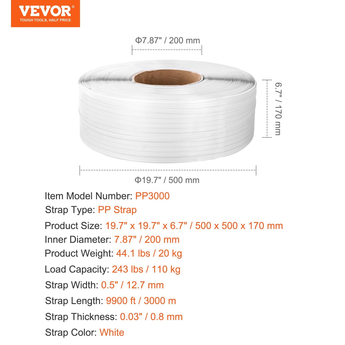 VEVOR Packaging Polypropylene (PP) Strapping Roll, 9900' Length x 1/2" Width x 0.03" Thickness,-$70