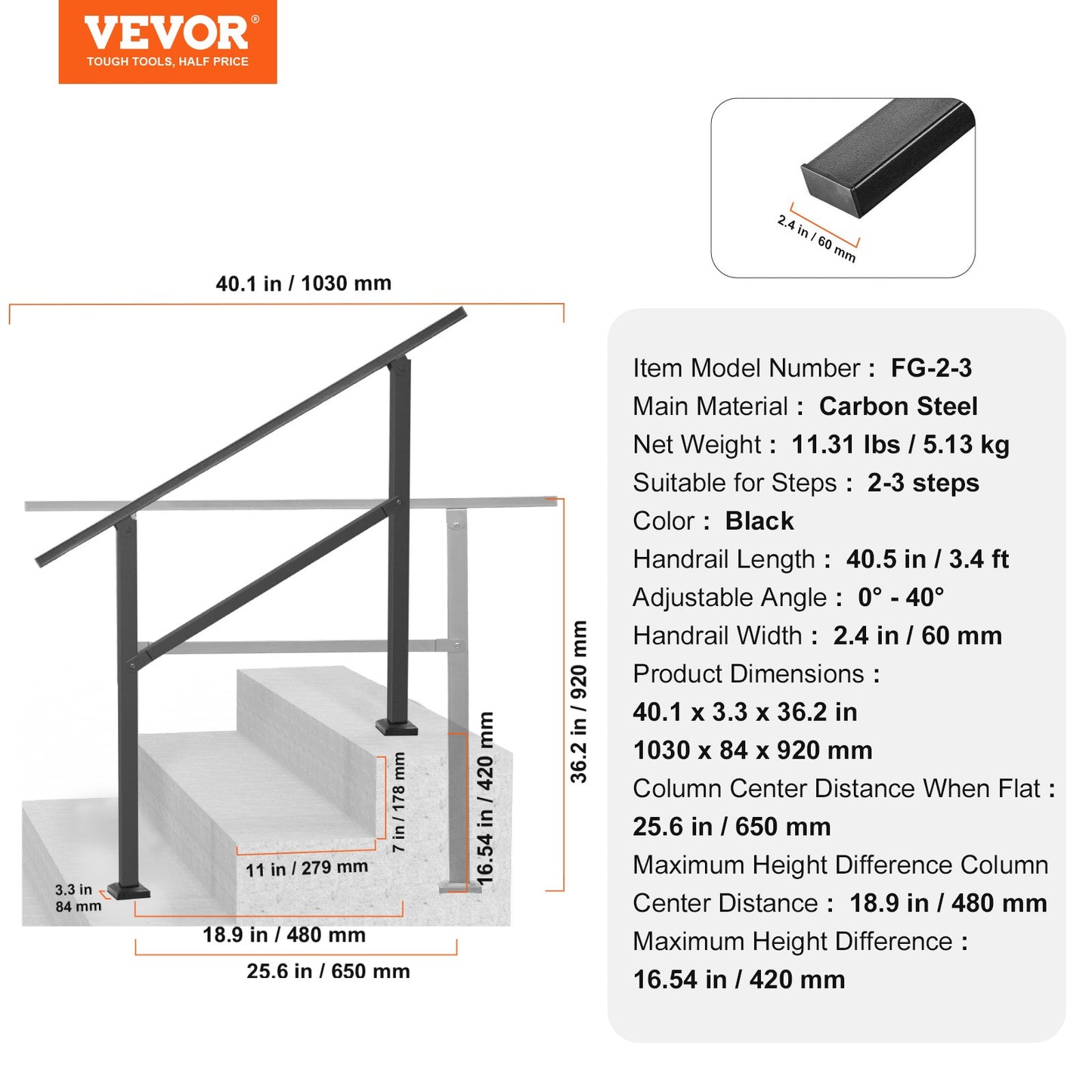 VEVOR Outdoor Handrails for Steps, 2-3 Step Stair Rail Kit, Black Square Tube with Horizontal Bar,-$35