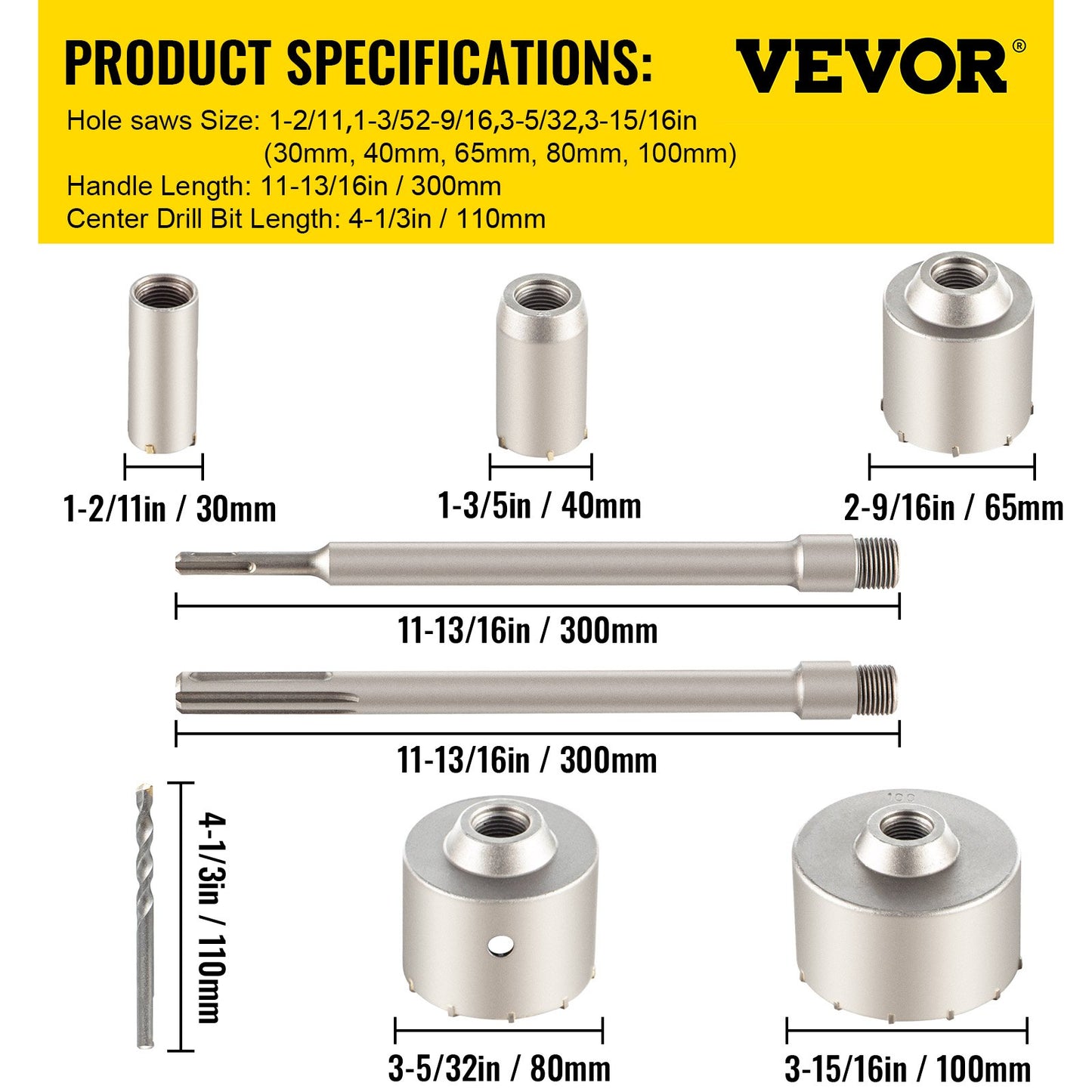 VEVOR Concrete Hole Saw Kit, 30/40/65/80/100mm Drill Bit Set SDS Plus or SDS Max Shank Wall Hole,-$50