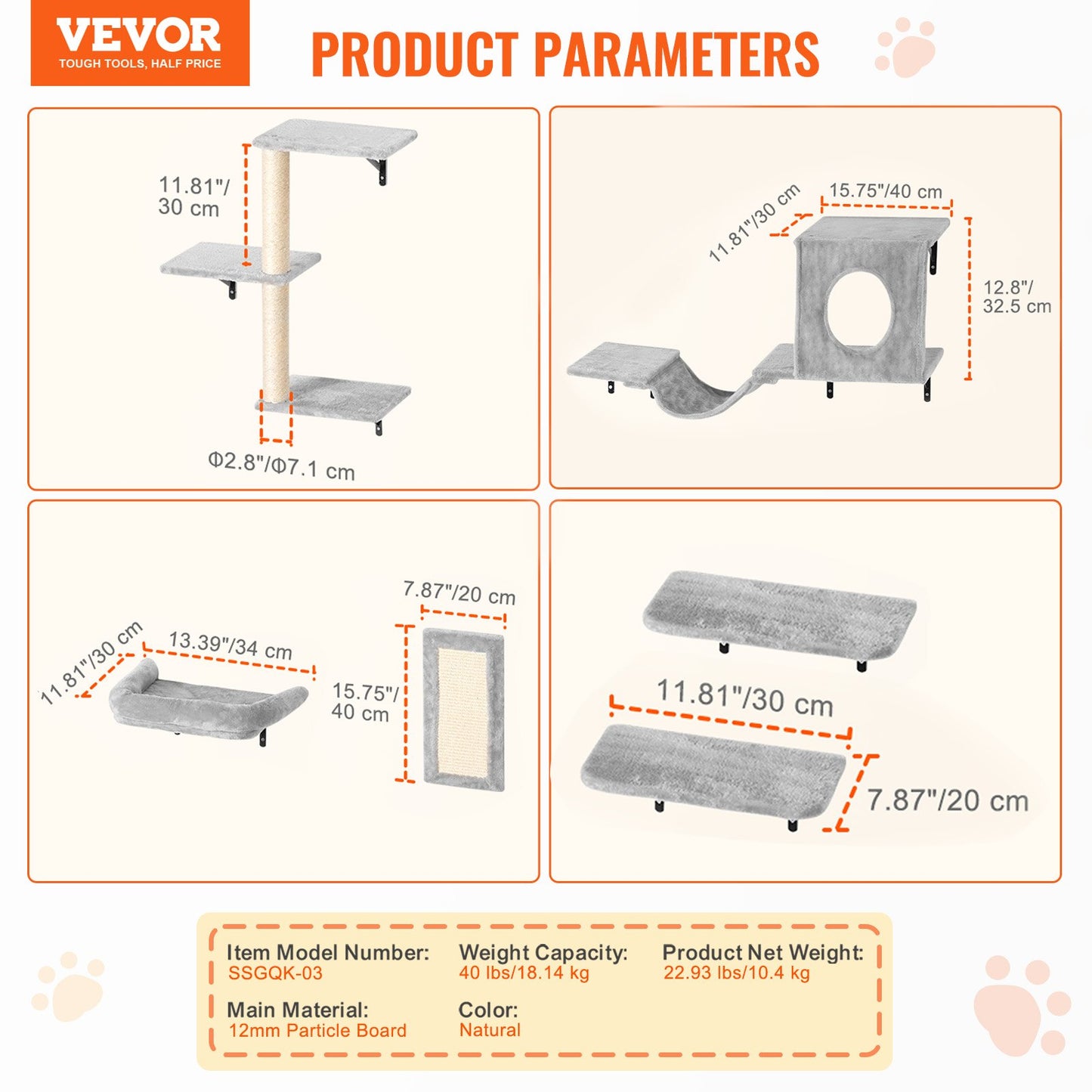 VEVOR Wall Mounted Cat Shelves, Cat Wall Shelves and Perches with Jumping Boards, Hammock,-$55