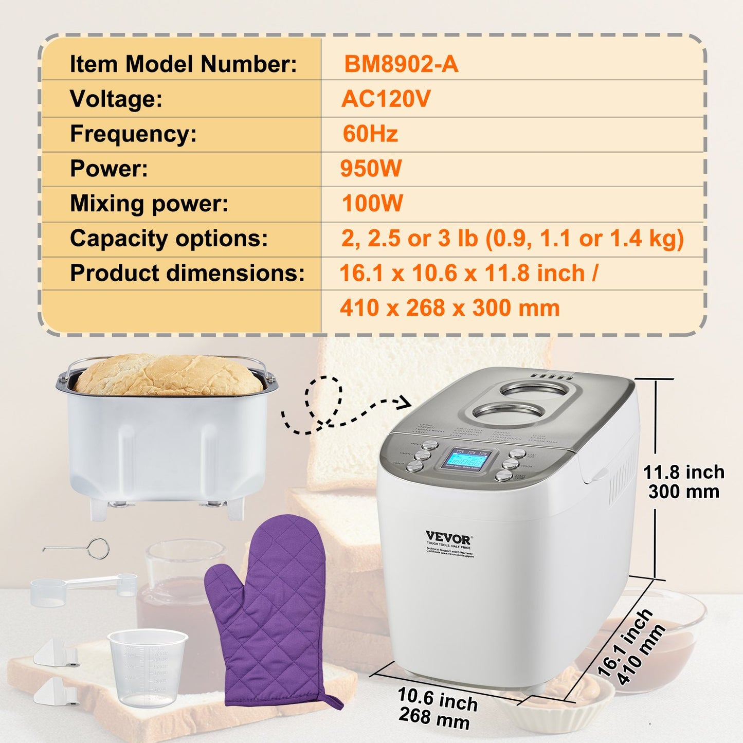 VEVOR Bread Maker, 15-in-1 3LB Dough Machine, Nonstick Ceramic Pan Automatic Breadmaker,-$100