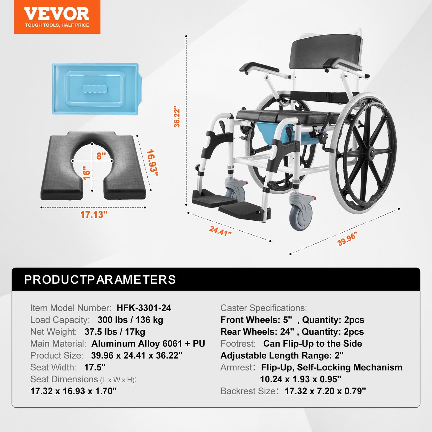VEVOR Shower Wheelchair, 17.5in Width Aluminum Alloy Bathroom Wheelchair for Inside Shower,-$290