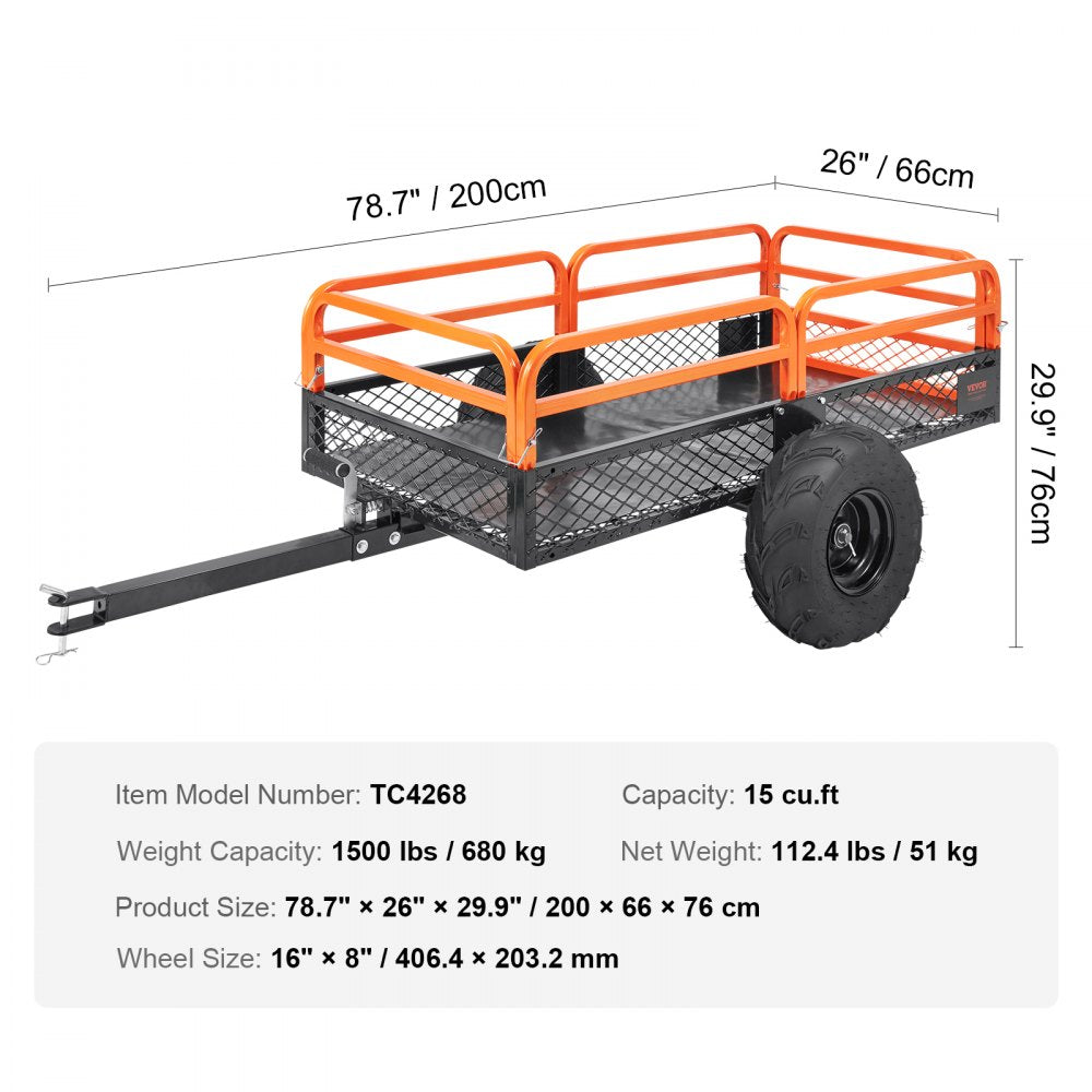 VEVOR Heavy Duty Steel ATV Dump Trailer, 1500-Pound Load Capacity 15 Cubic Feet, with Removable Sides and 2 Tires