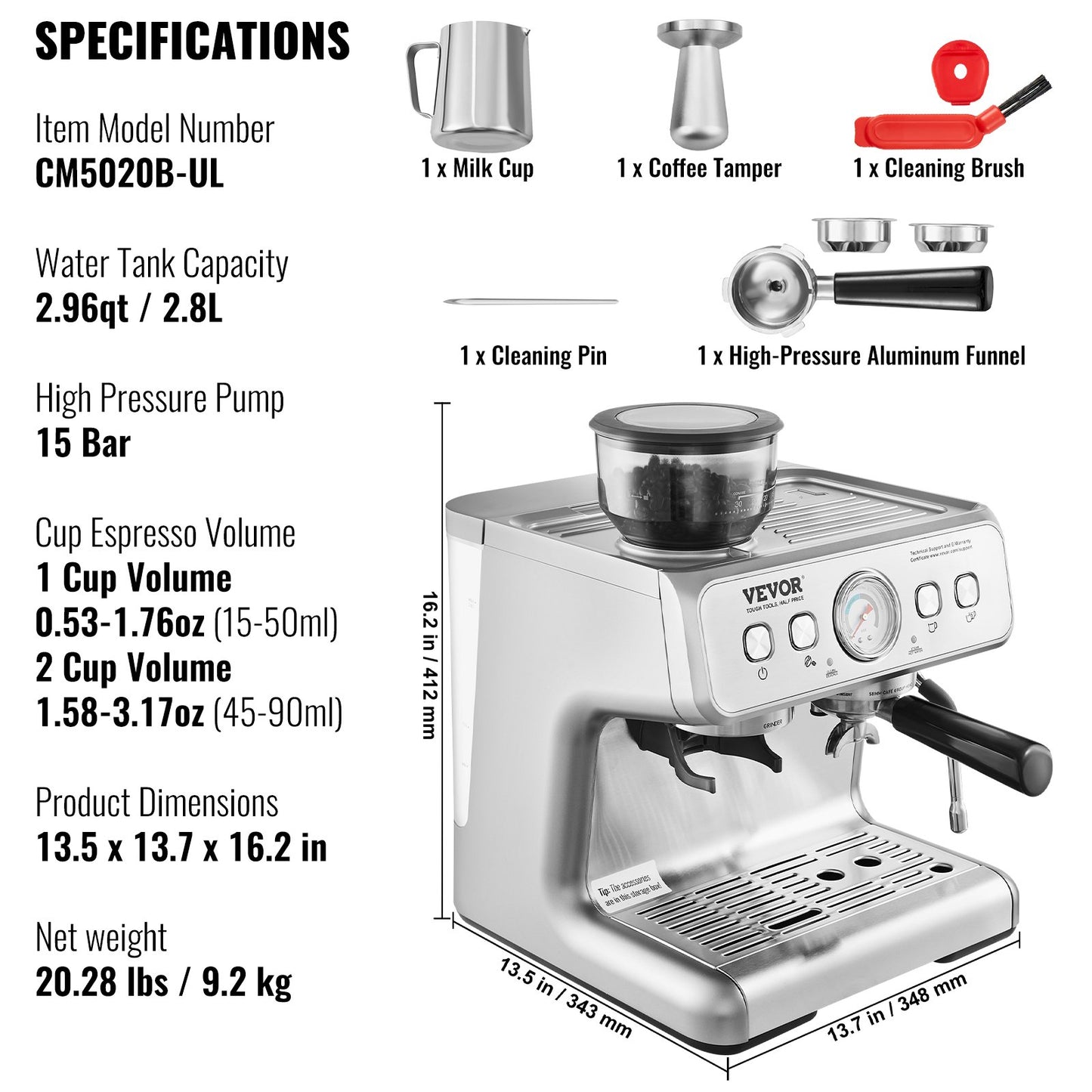 VEVOR Espresso Machine with Grinder, 15 Bar Semi Automatic Espresso Coffee Maker,-$270