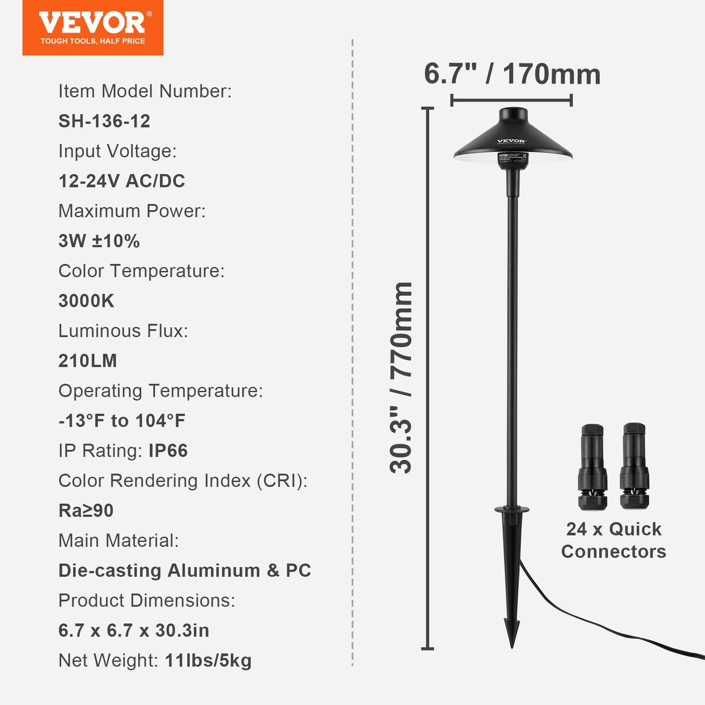 VEVOR 12 Pack Low Voltage Landscape Path Lights, 3W 210LM 12V-24VAC/DC Outdoor LED,-$120