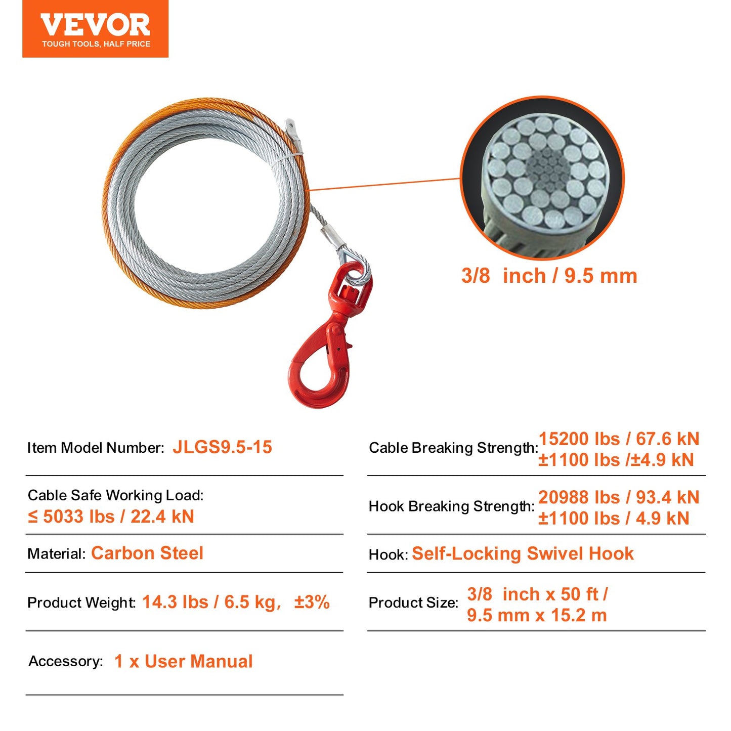 VEVOR Galvanized Steel Winch Cable, 3/8 Inch x 50 Feet 15,200 lbs Breaking Strength, Wire Winch Rope,-$60