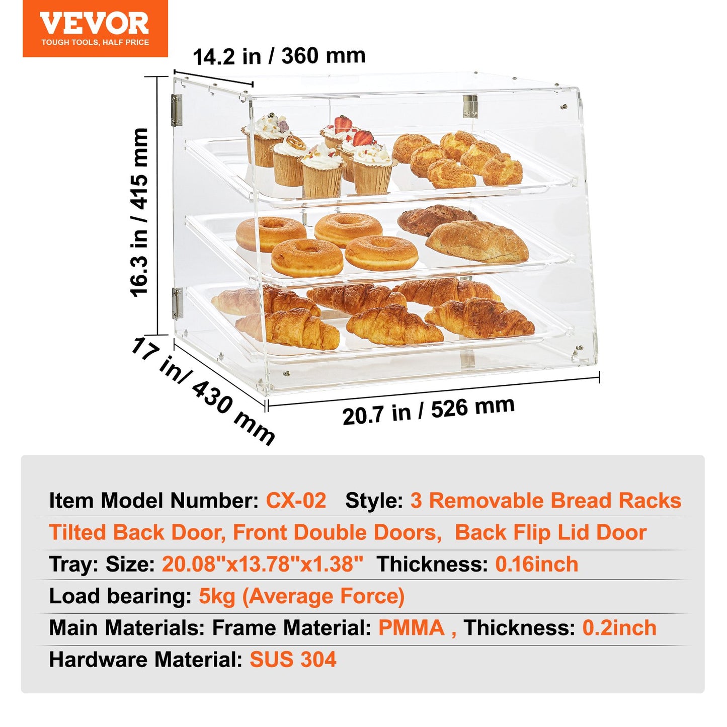 VEVOR Pastry Display Case, 3-Tier Commercial Countertop Bakery Display Case, Acrylic Box,-$90