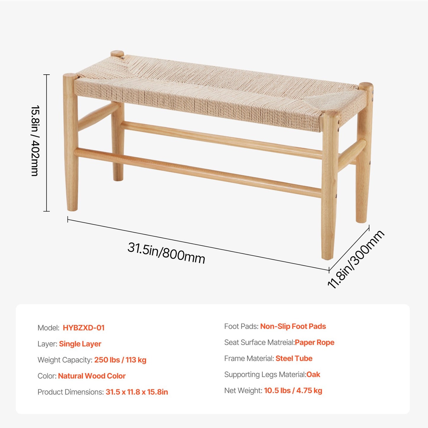 VEVOR Rattan Bench, 31.5" Wooden Rattan Bench, Entrywway Bench with Oak Wood Legs,-$80